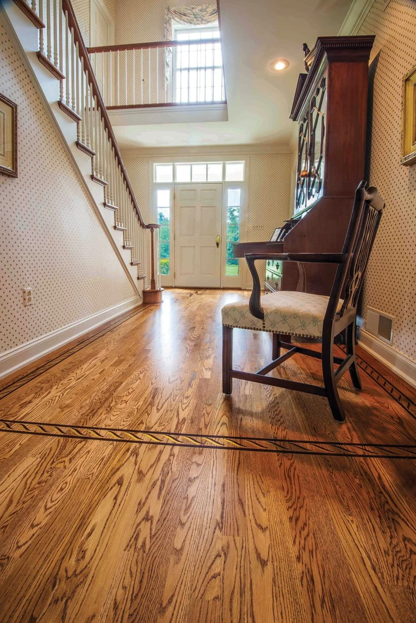  oak hardwood floor, hand painted custom floor border and detail, mariners compass 