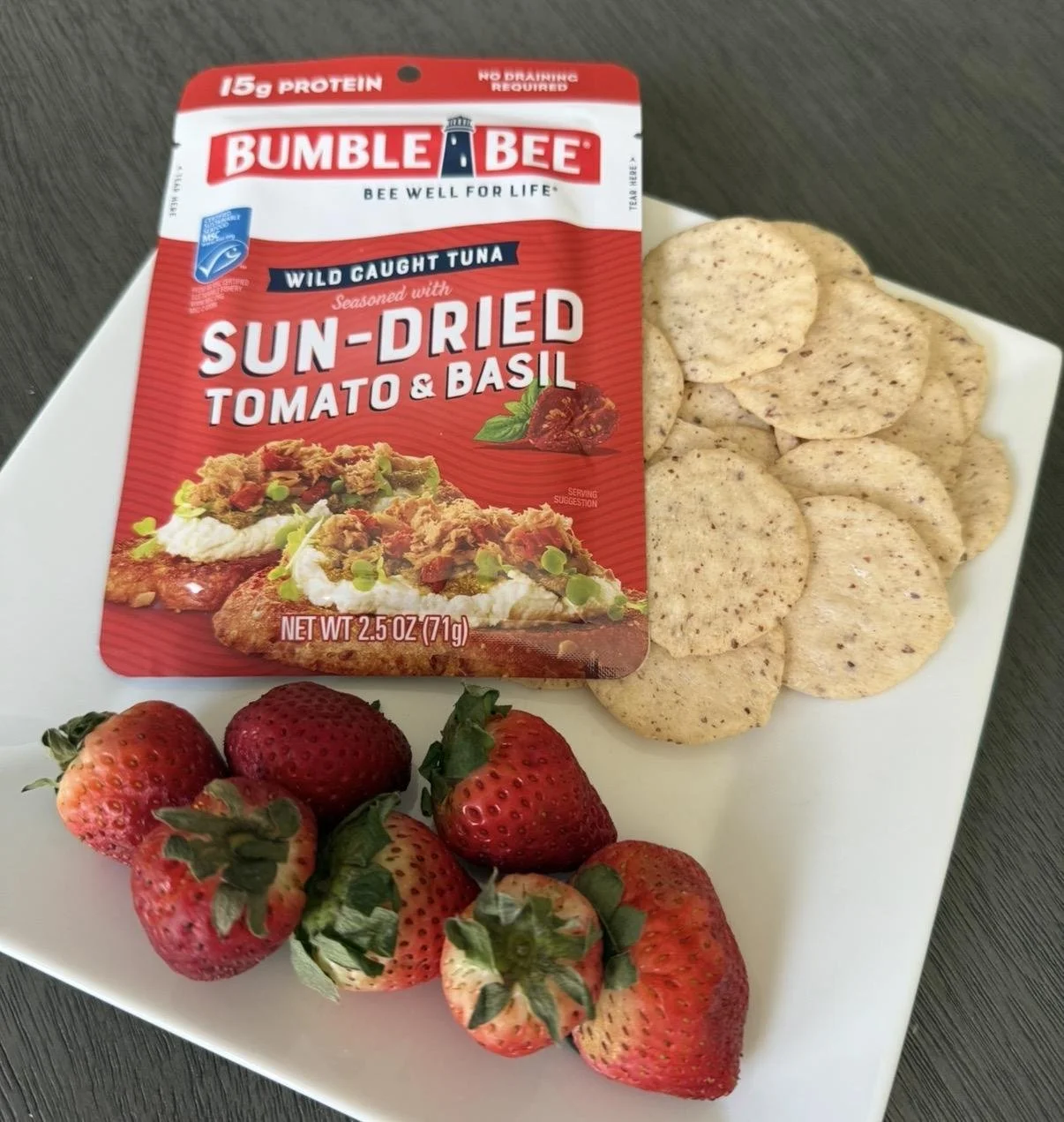TUNA + CRACKERS + STRAWBERRIES