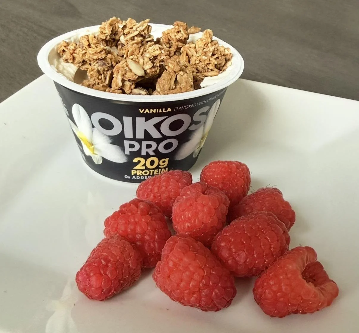 GREEK YOGURT + GRANOLA + RASPBERRIES