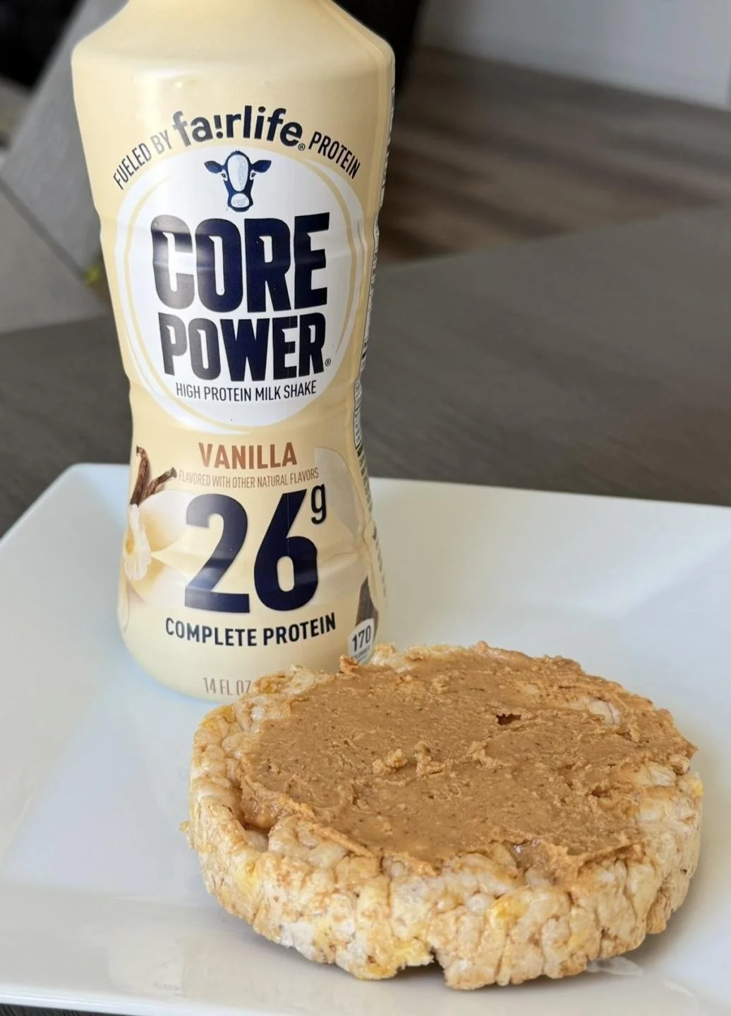 PROTEIN DRINK + RICE CAKE + PEANUT BUTTER