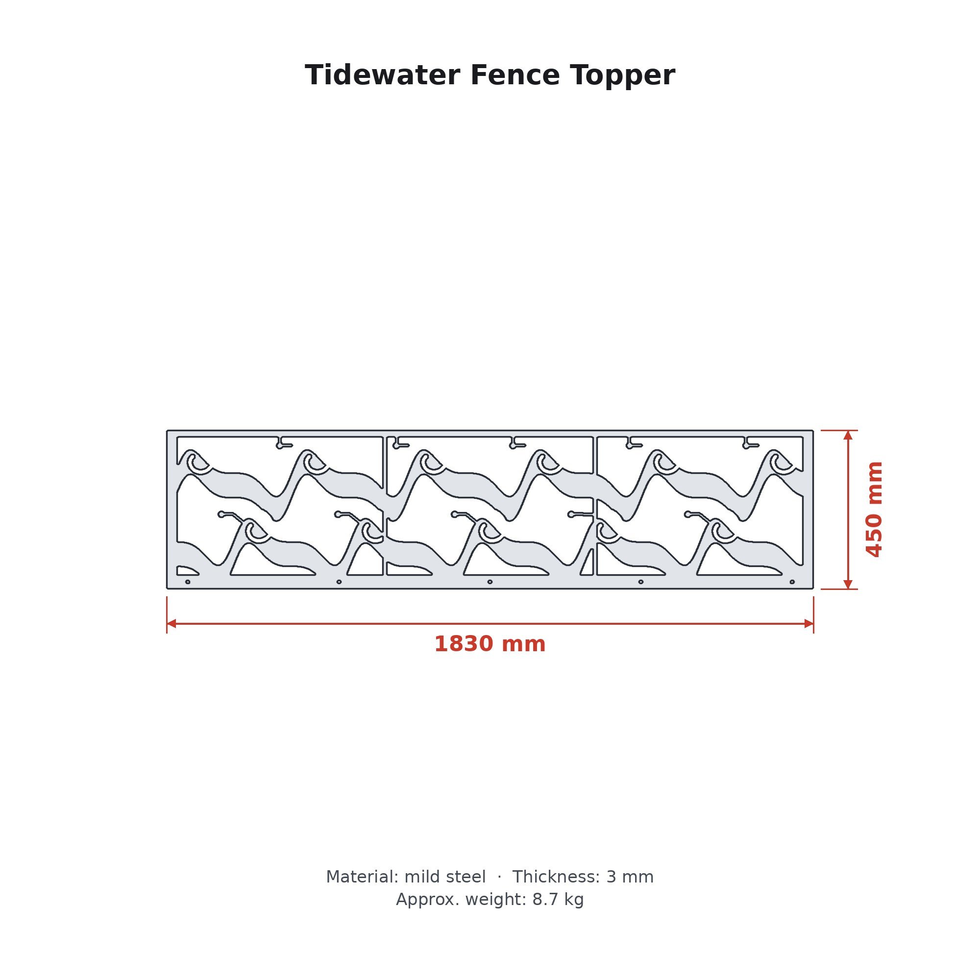 Dimension drawing of the Tidewater Fence Topper with sizes in millimetres