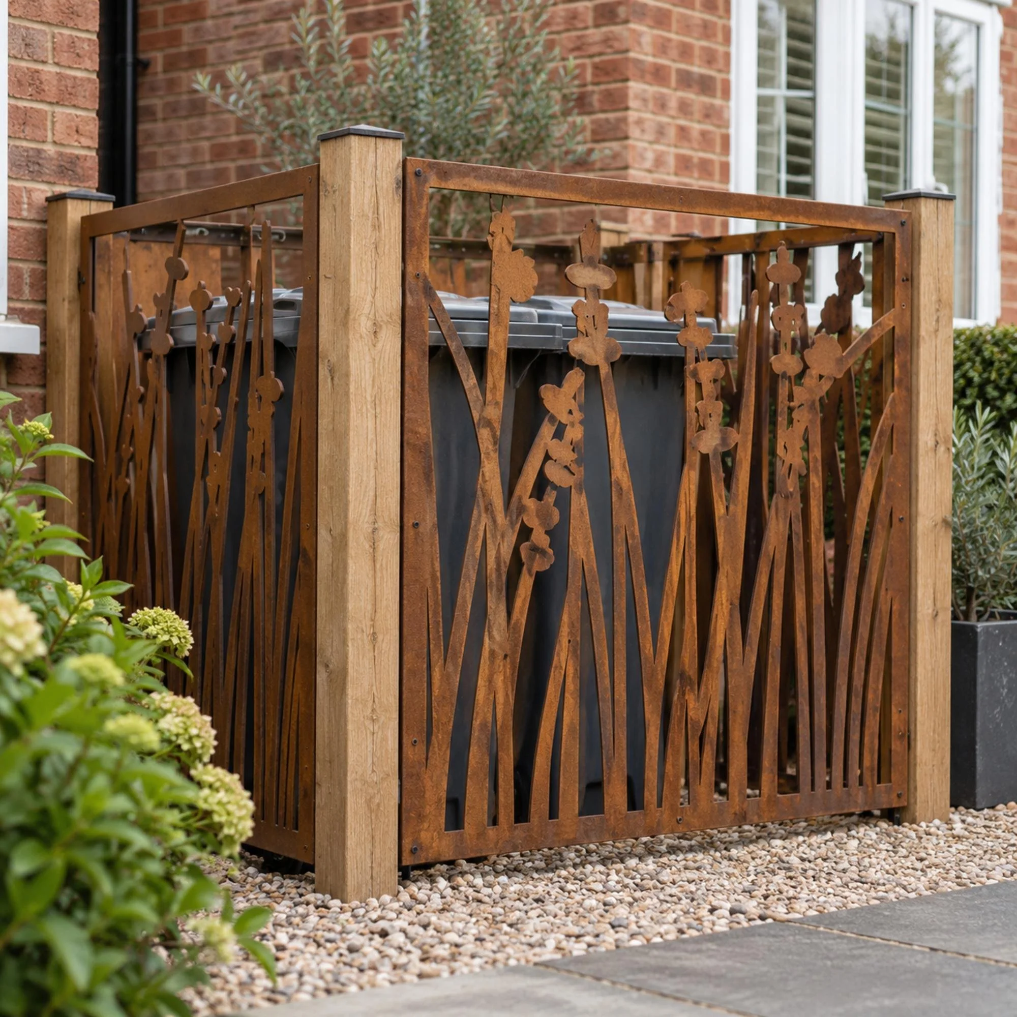 Saltmarsh Bin Store & Oil Tank Screen in weathered raw steel, three panels screwed to timber posts forming a three-sided enclosure around two wheelie bins