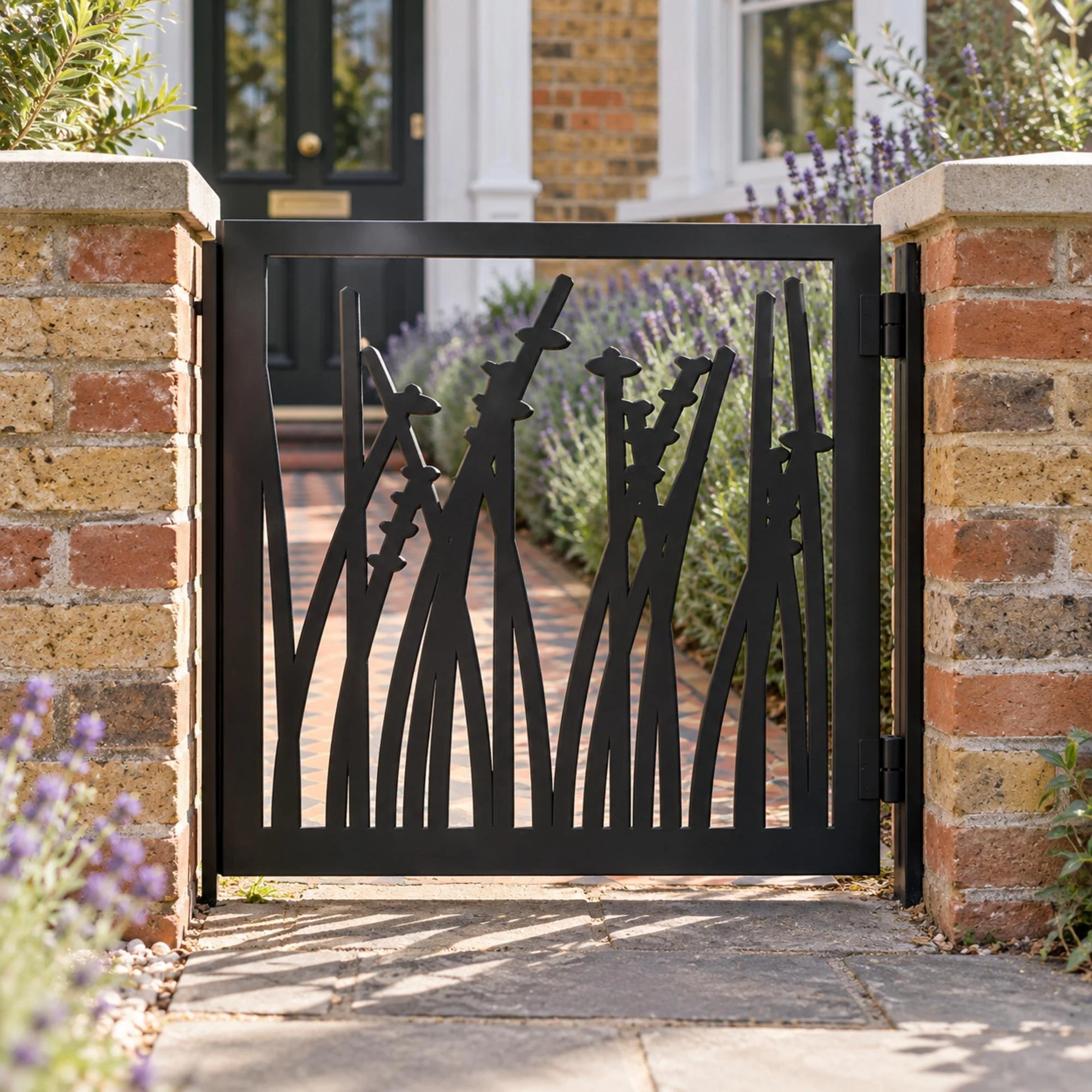 Saltmarsh Low Front Garden Gate in satin black, hung between low brick pillars at the end of a tiled front path of a Victorian terraced house