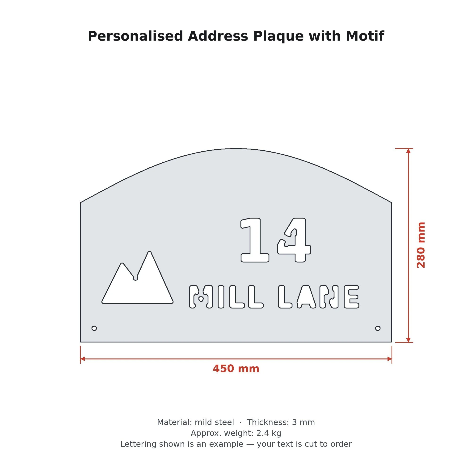 Dimension drawing of the Personalised Address Plaque with Motif with sizes in millimetres