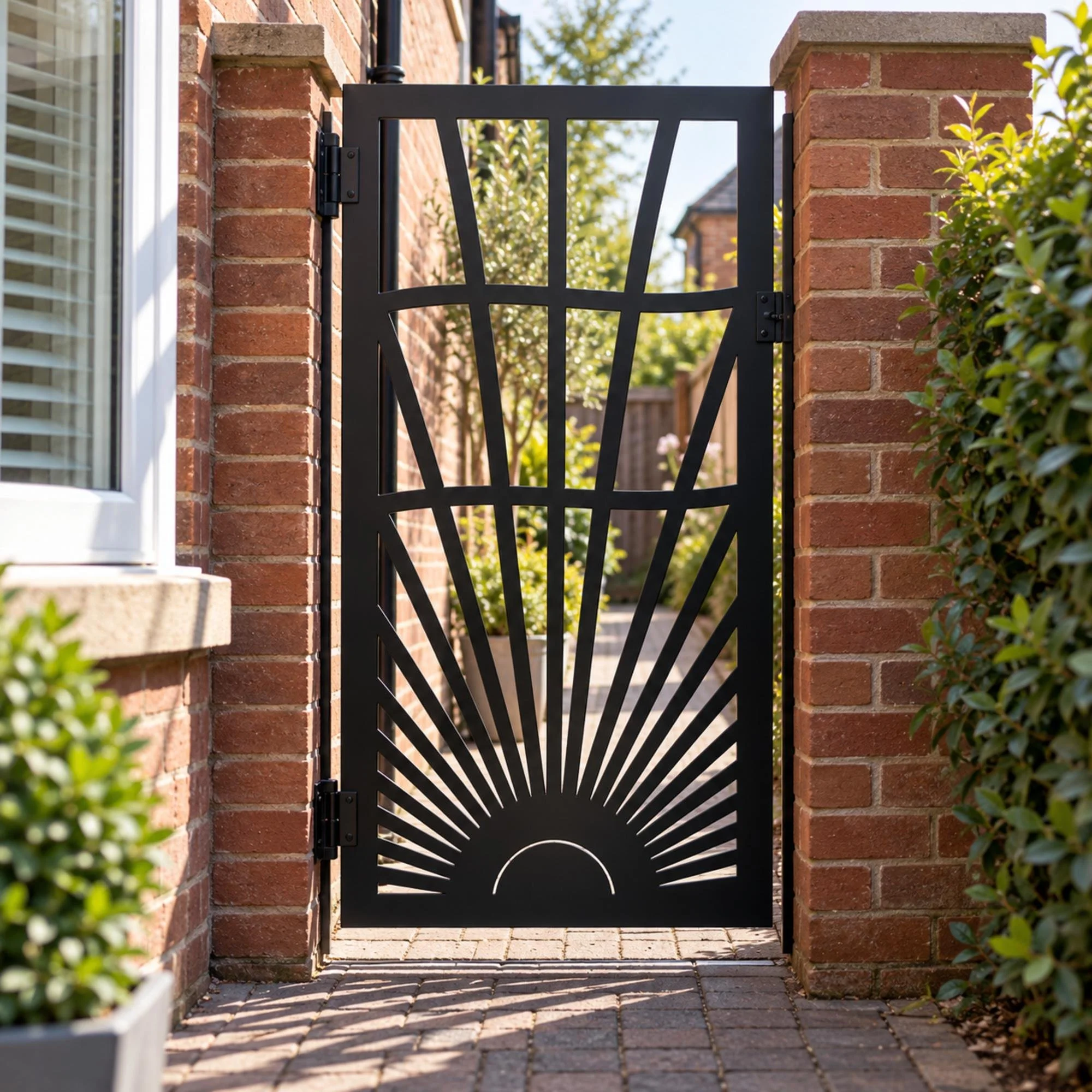 Daybreak Metal Side Gate in satin black, hung between brick pillars in the side passage of a 1930s bay-fronted semi with a block-paved drive, morning light