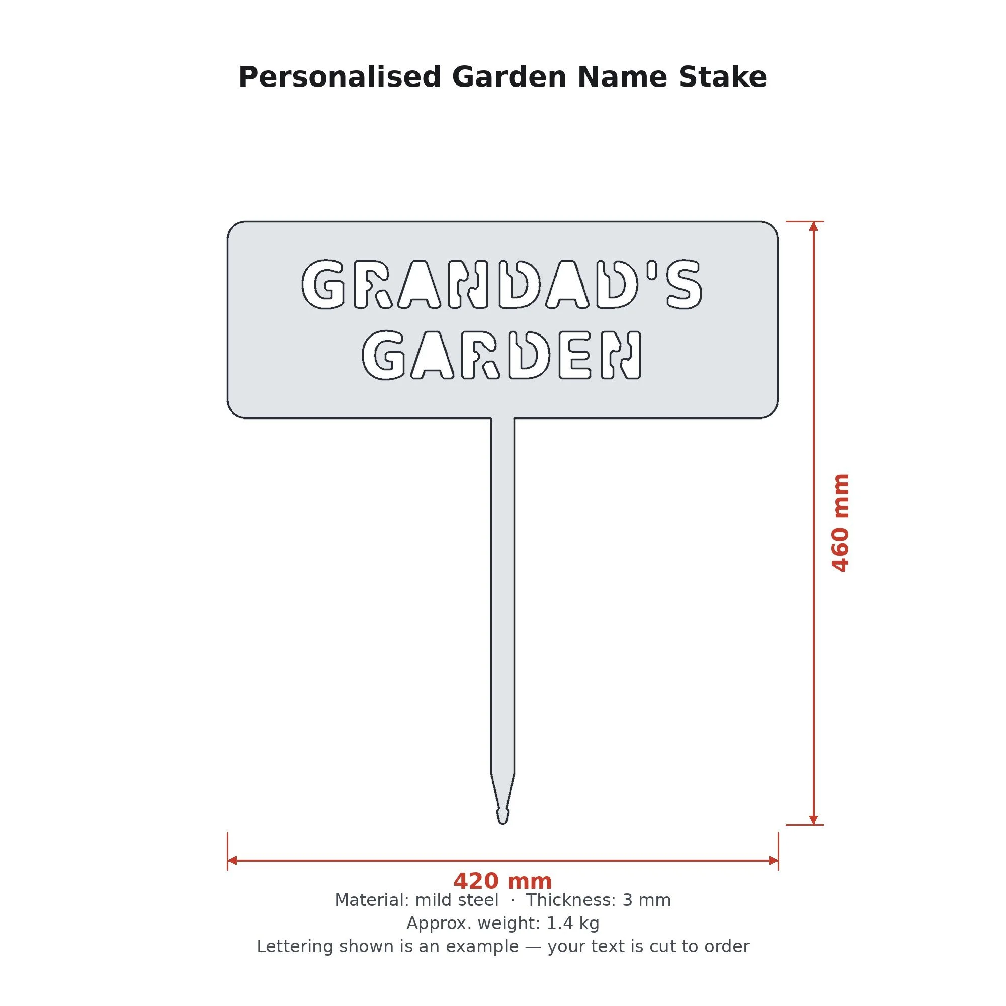 Dimension drawing of the Personalised Garden Name Stake with sizes in millimetres