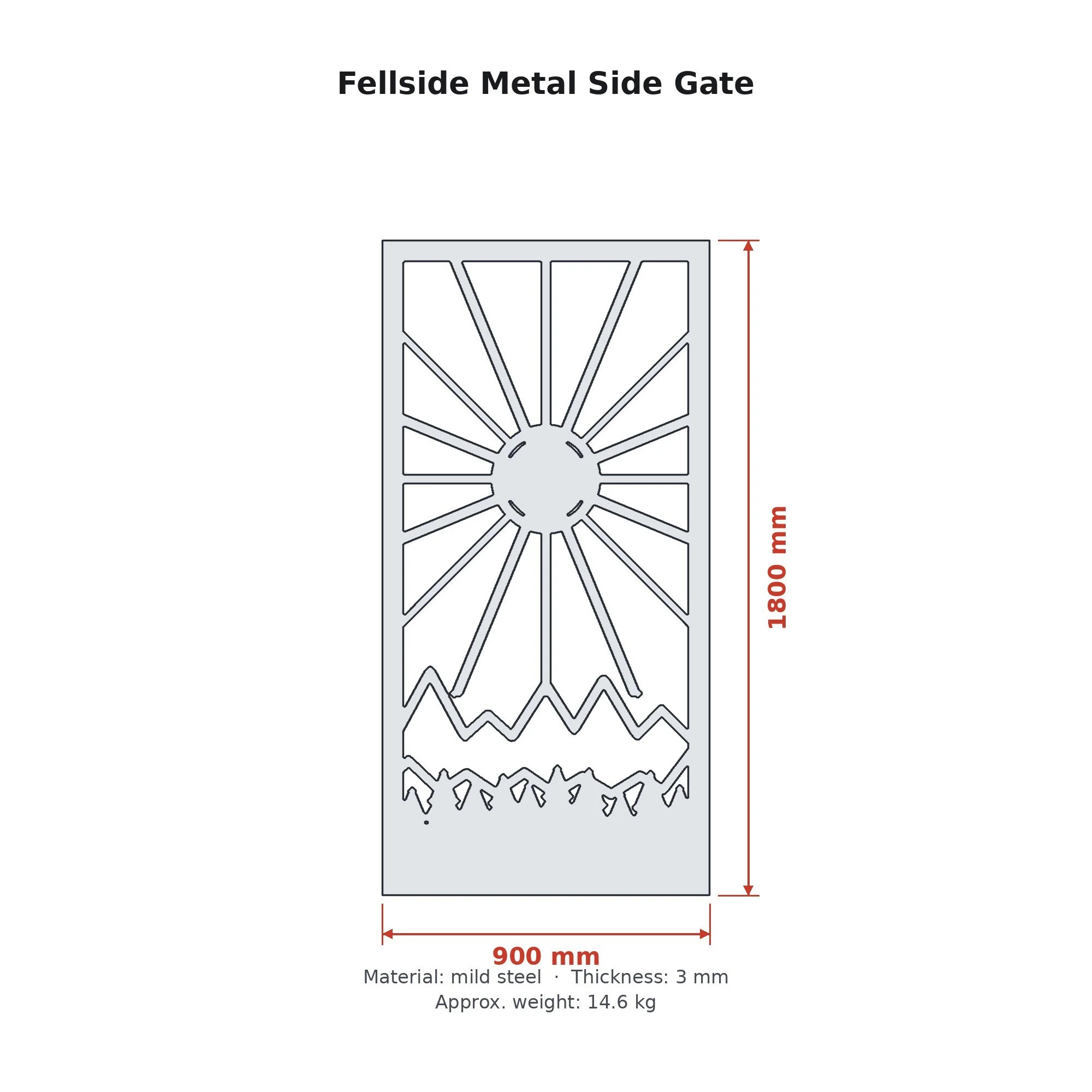Dimension drawing of the Fellside Metal Side Gate with sizes in millimetres