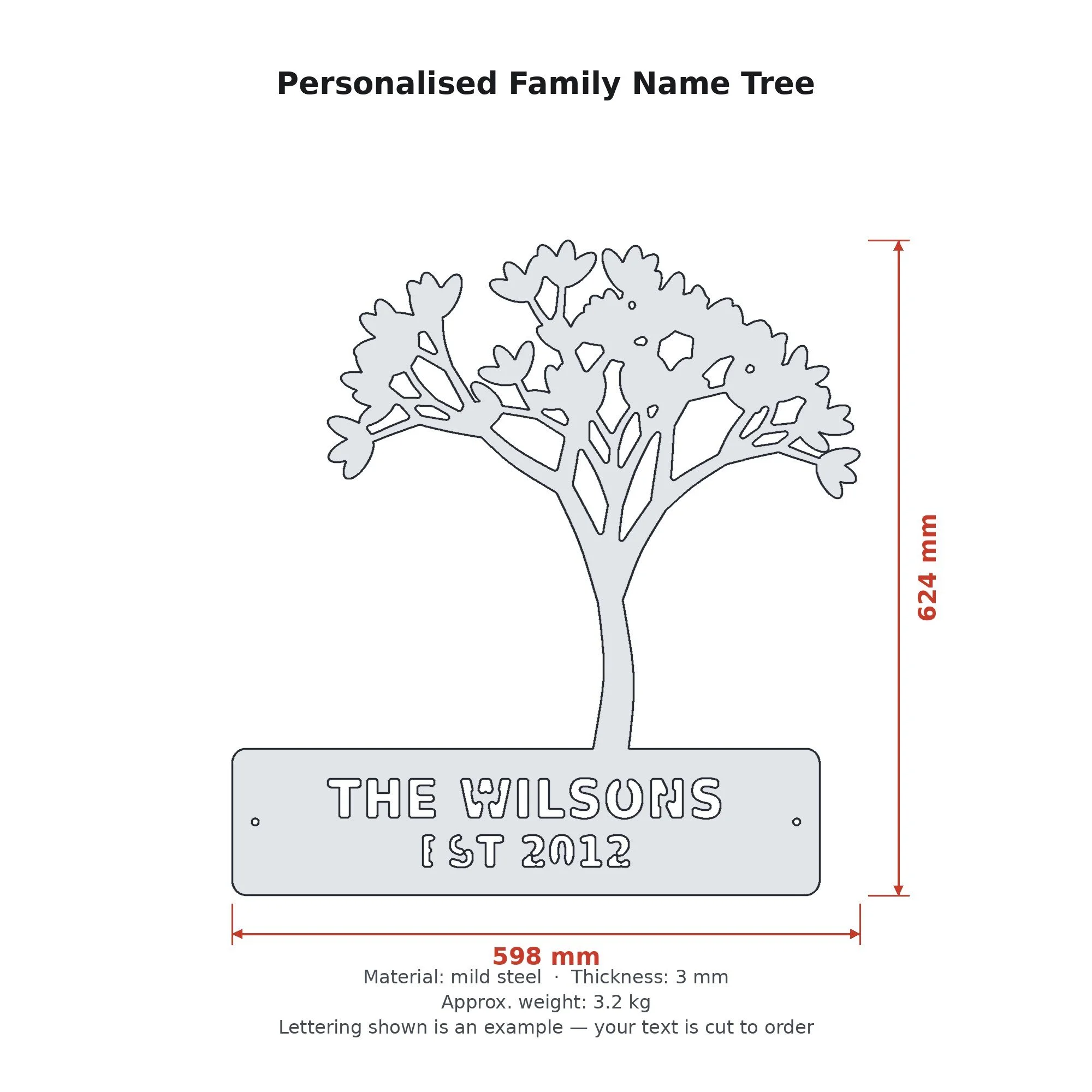 Dimension drawing of the Personalised Family Name Tree with sizes in millimetres