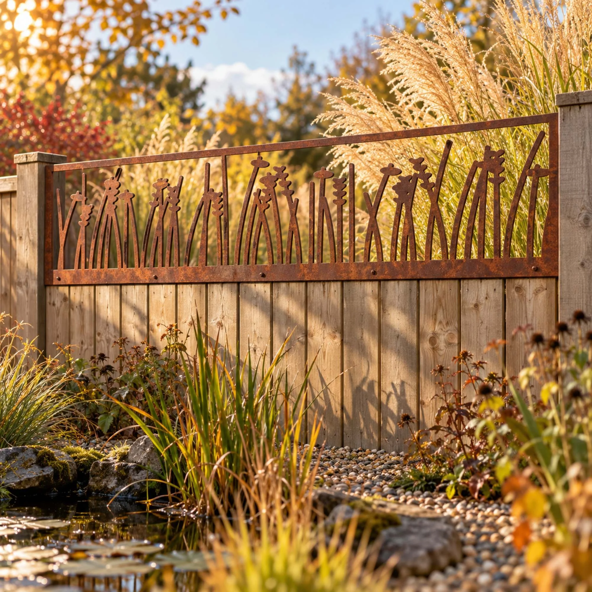 Saltmarsh Fence Topper in weathered raw steel, fixed along a 1.8 m timber fence behind a gravel garden planted with tall ornamental grasses and a small wildlife pond