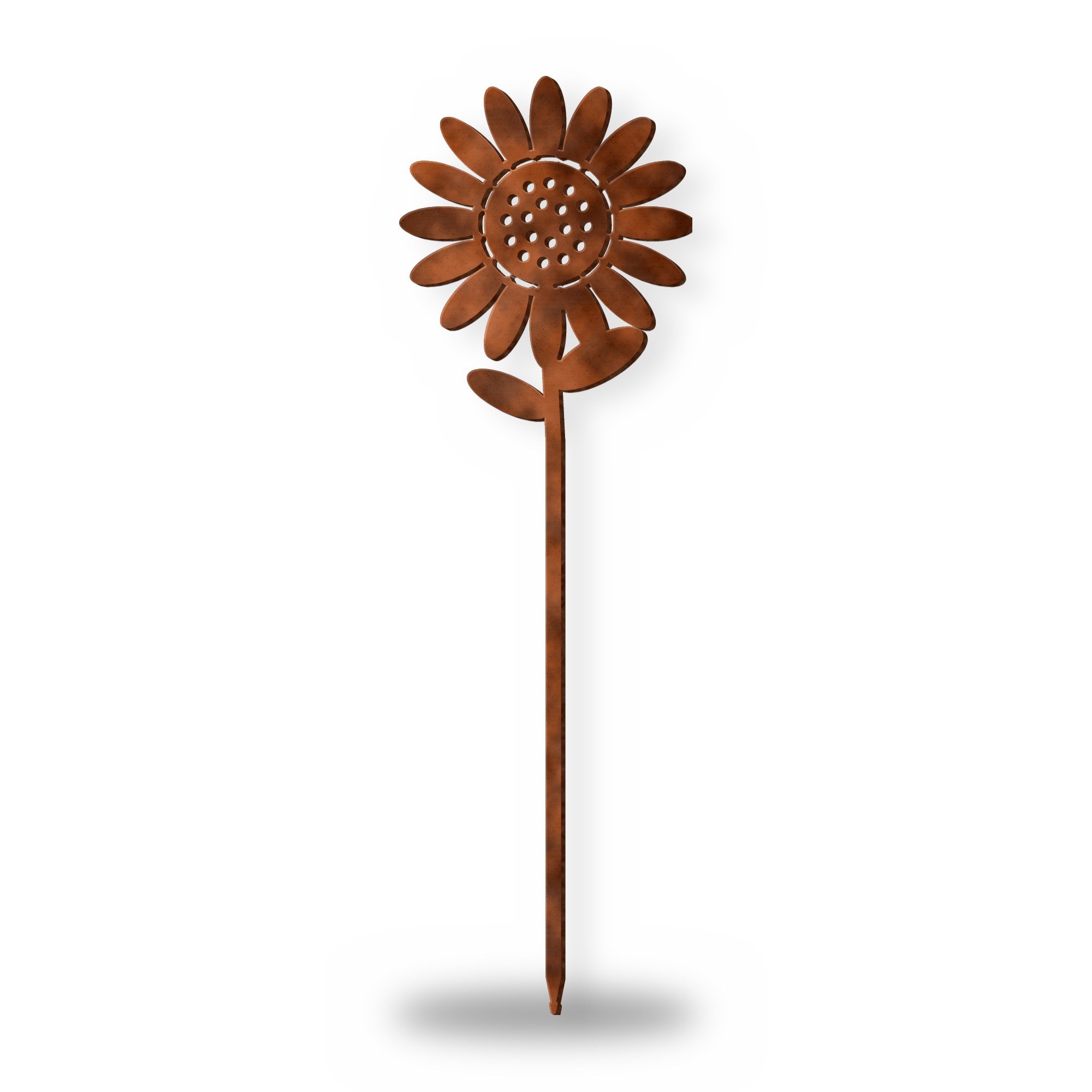 Sunflower Metal Garden Stake in rust patina – plasma-cut 3 mm steel, studio photo on white