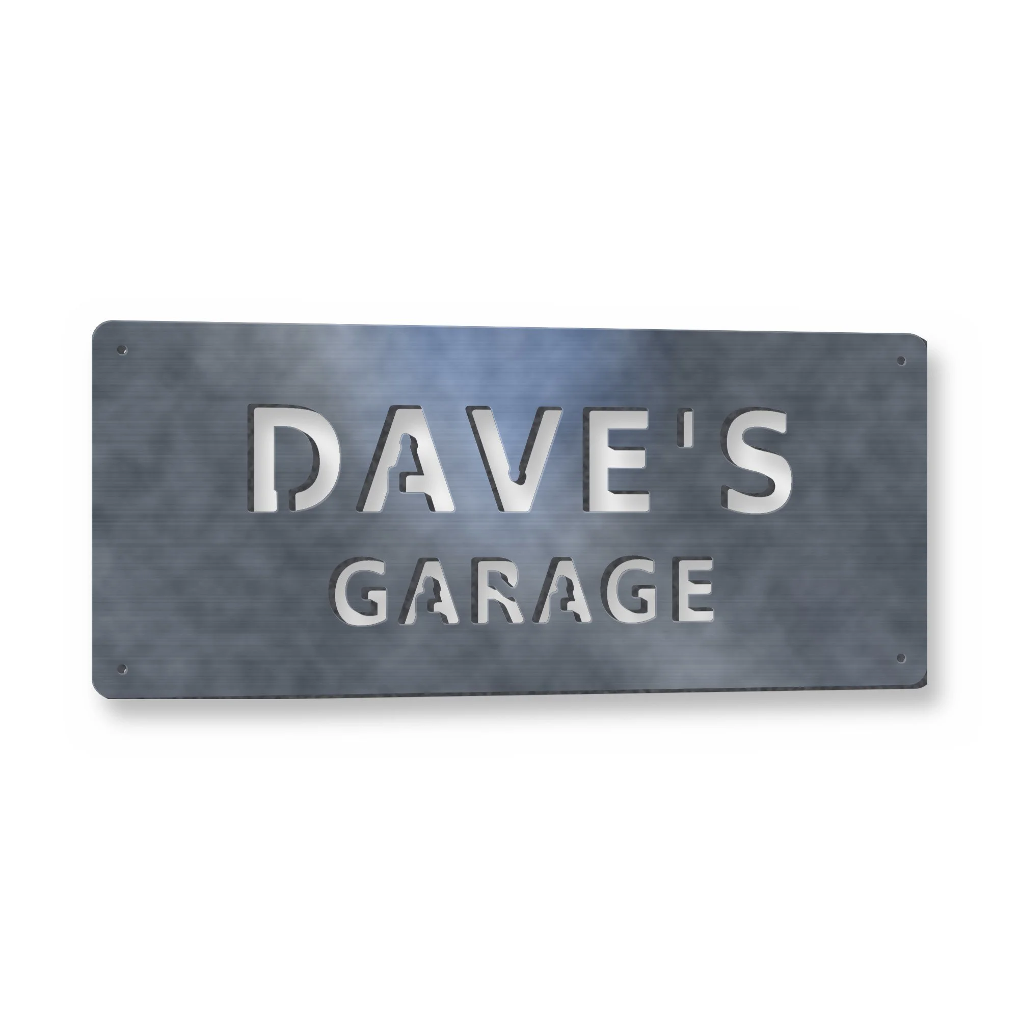 Personalised Garage Sign in raw mild steel – plasma-cut 3 mm steel, studio photo on white