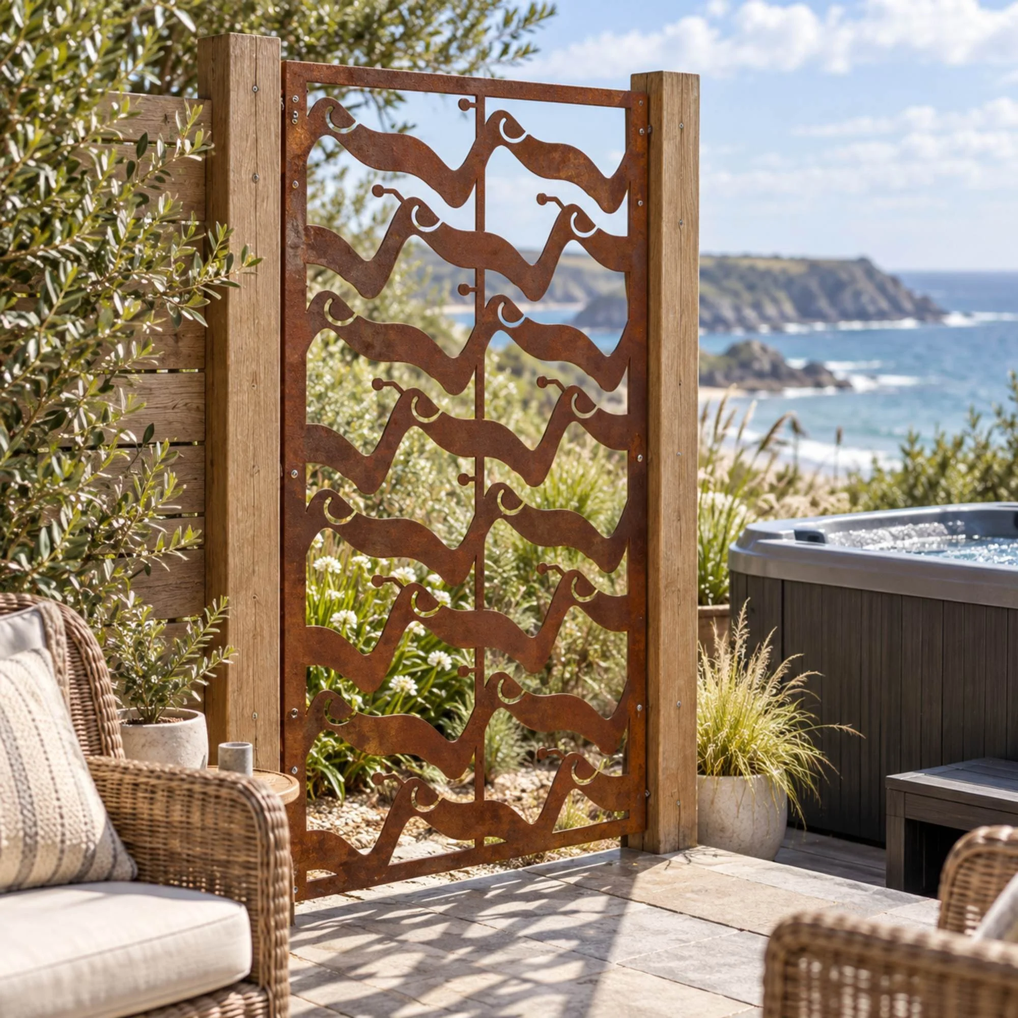 Tidewater Privacy Screen Panel in weathered raw steel, screwed between timber posts on a coastal garden terrace beside a hot tub and rattan chairs, bright breezy daylight