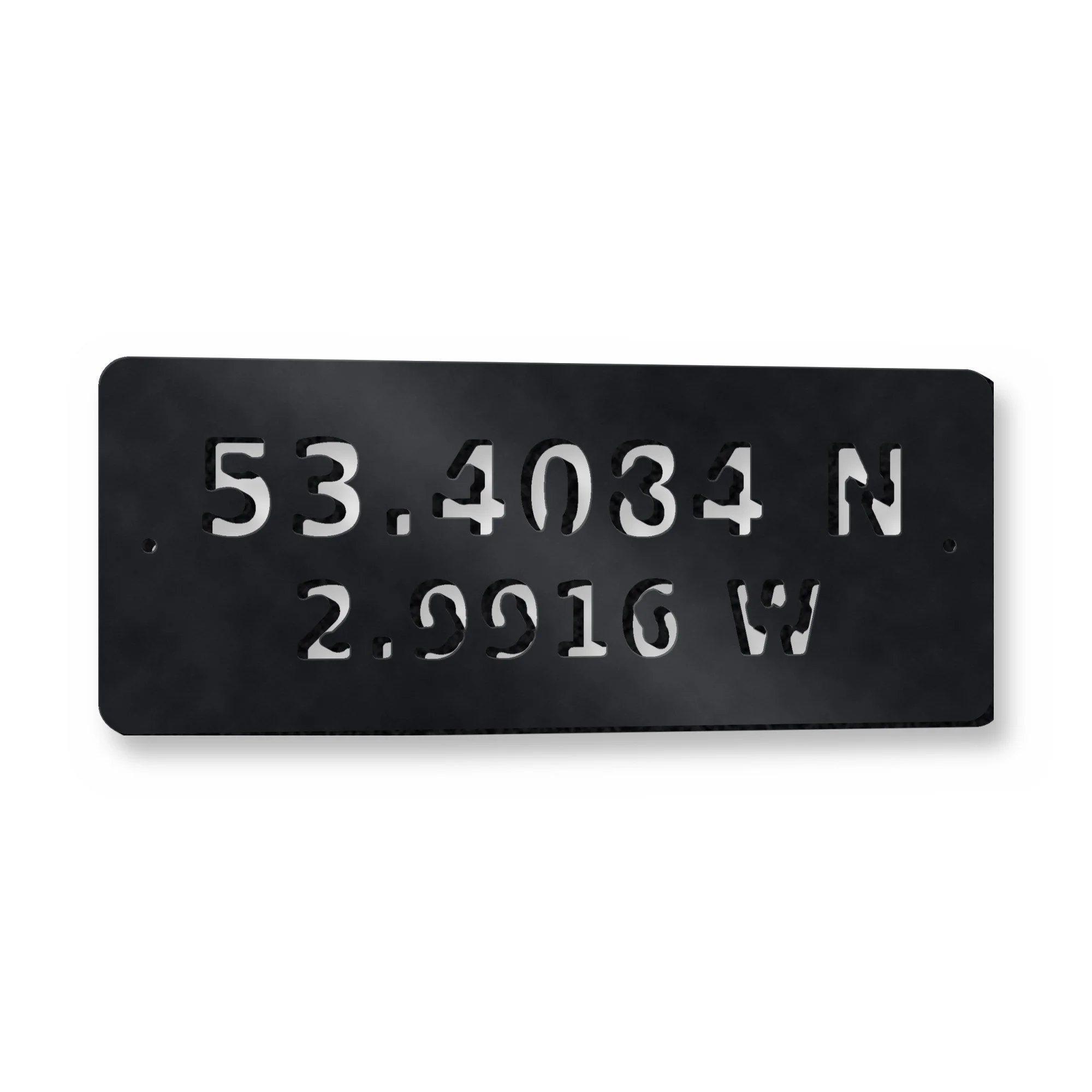 Example of the Personalised Coordinates Plaque reading 53.4084 N / 2.9916 W