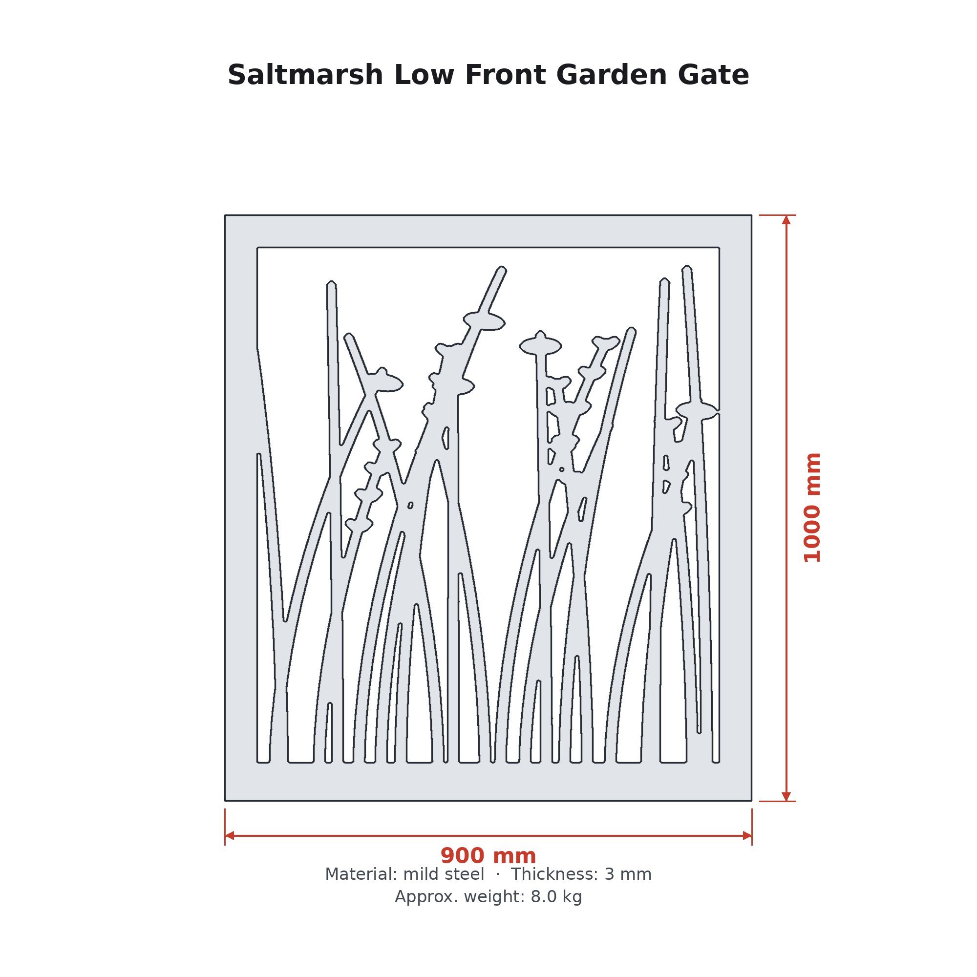Dimension drawing of the Saltmarsh Low Front Garden Gate with sizes in millimetres