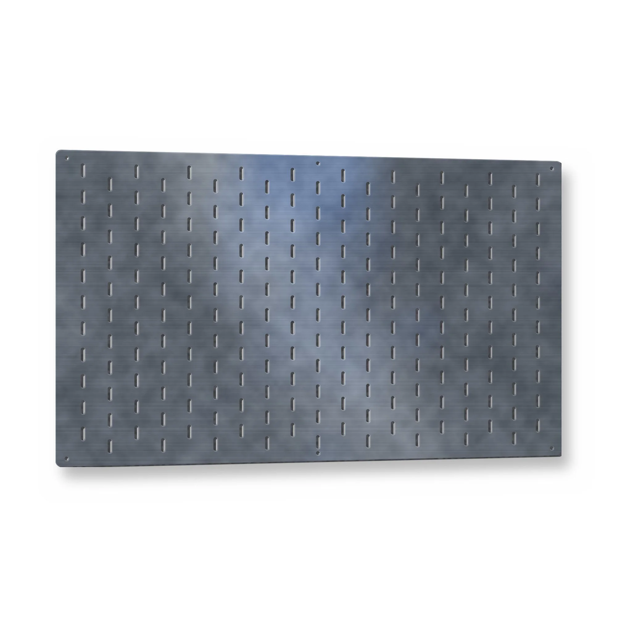 Steel Tool Wall Pegboard Panel in raw mild steel – plasma-cut 3 mm steel, studio photo on white