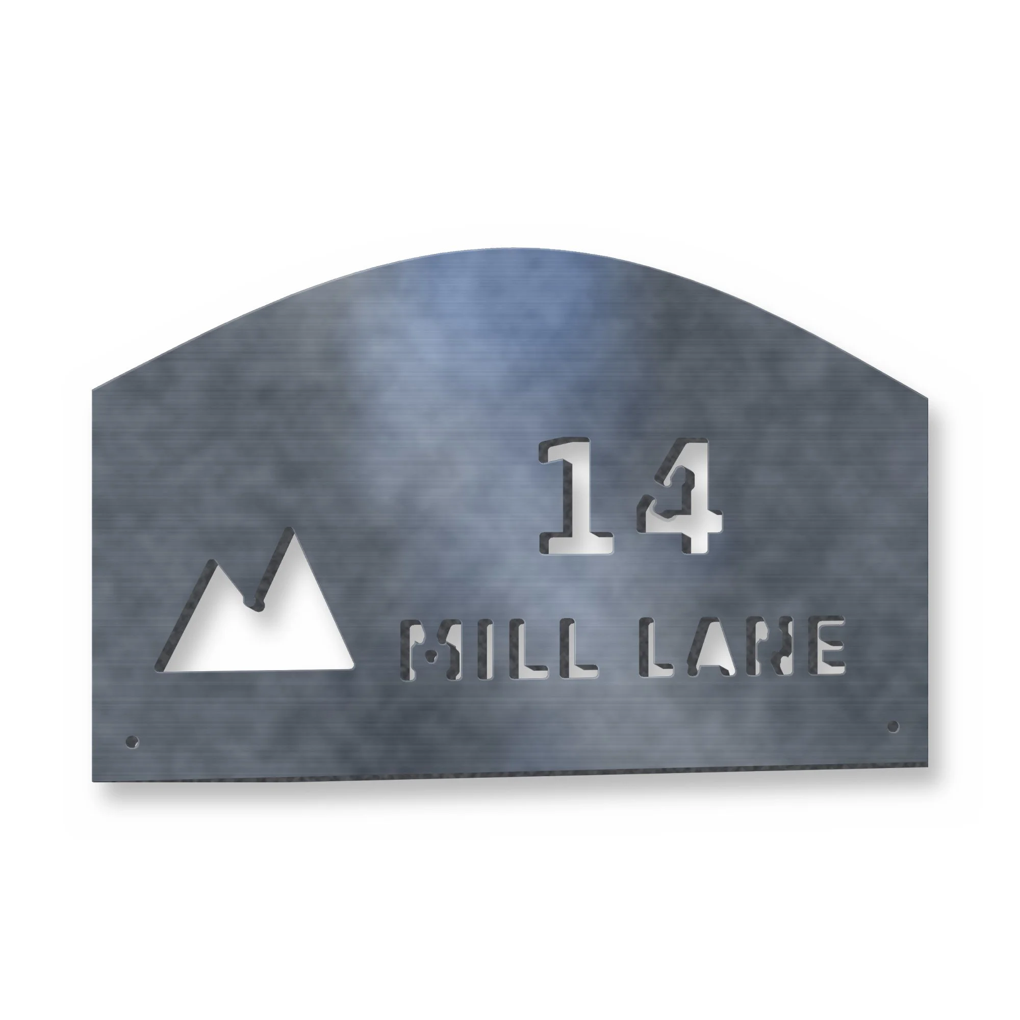Personalised Address Plaque with Motif in raw mild steel – plasma-cut 3 mm steel, studio photo on white