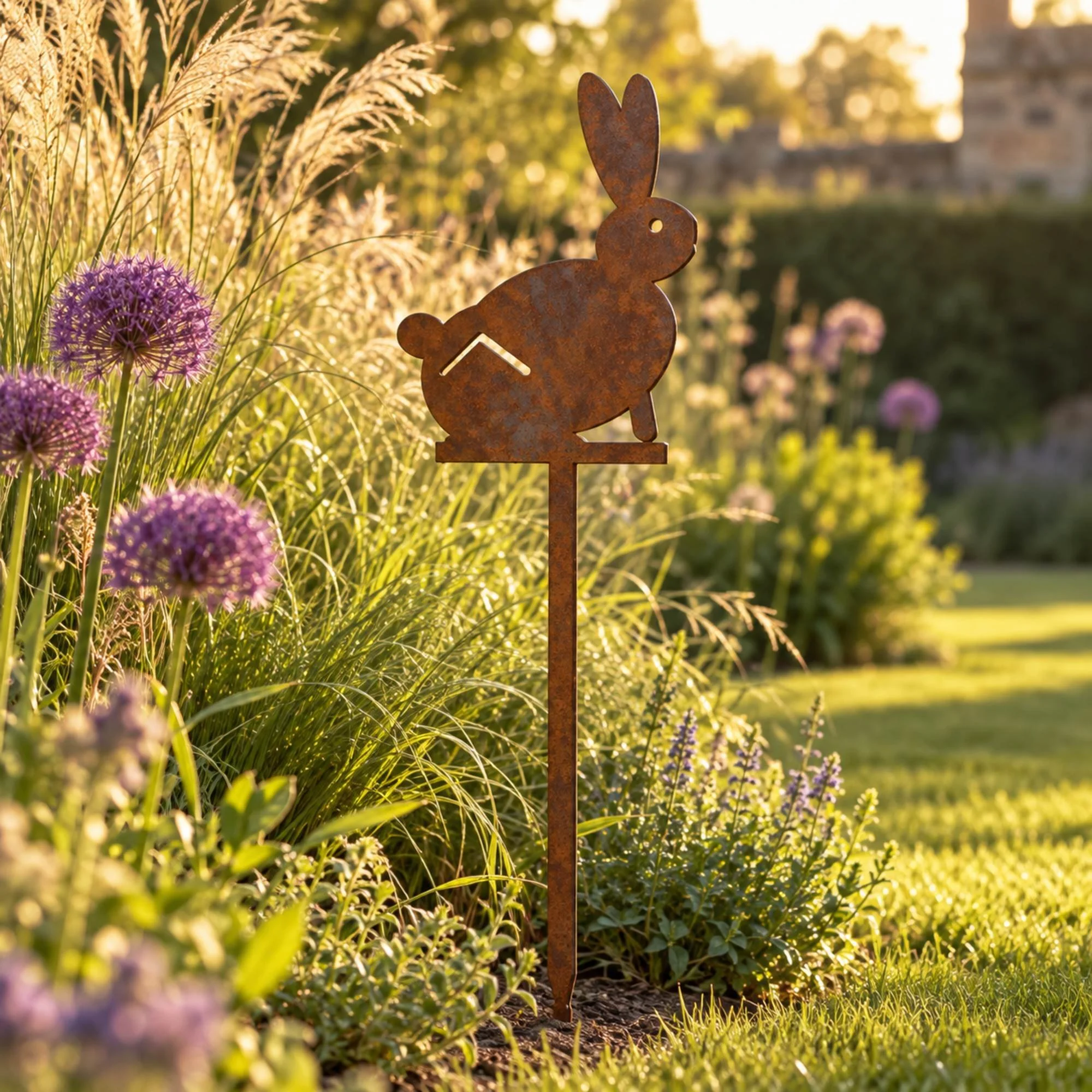 Hare Metal Garden Stake in weathered raw steel, a 795 mm tall steel hare stake standing among swaying ornamental grasses and alliums at the edge of a lawn in golden evening light