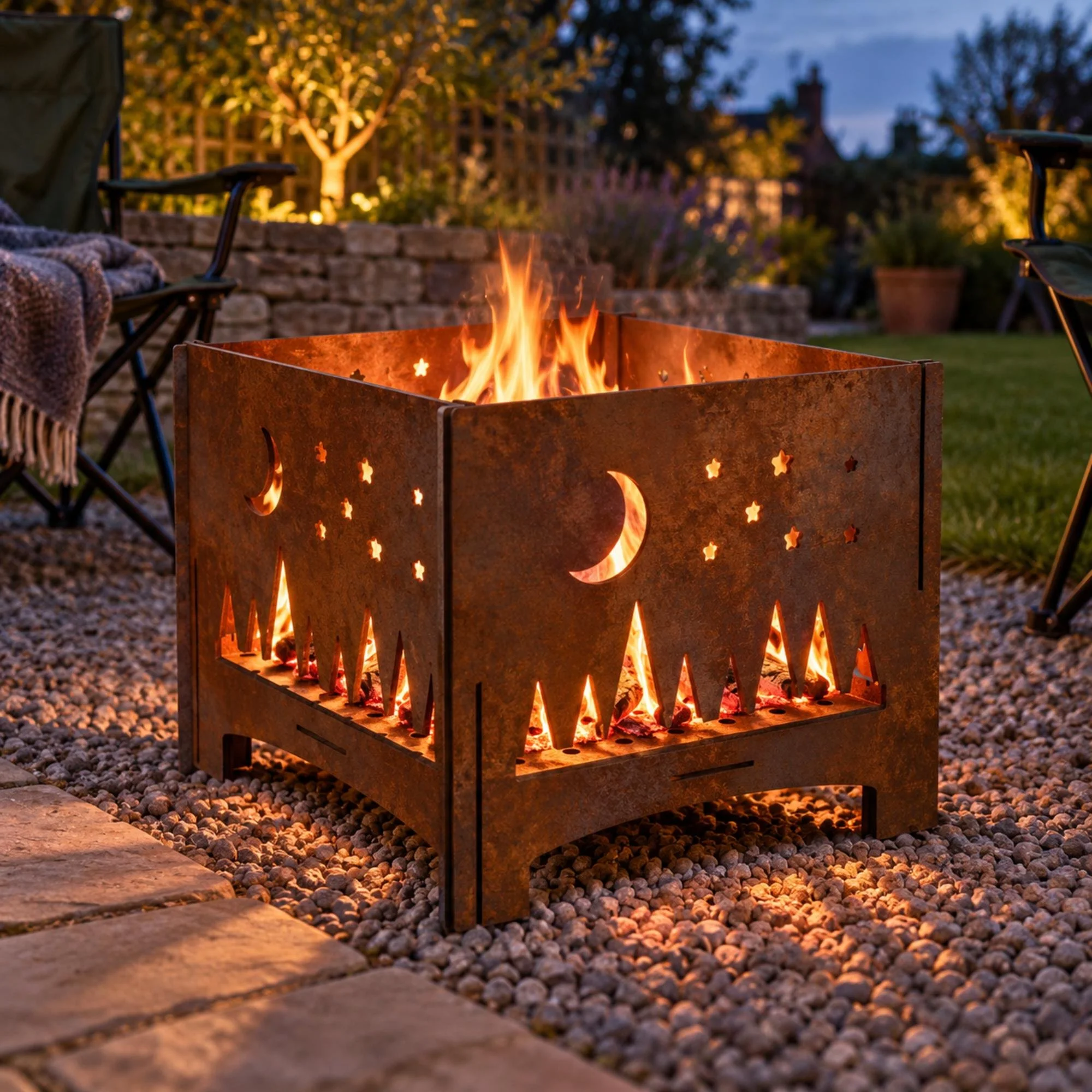 Starfall Slot-Together Fire Pit in weathered raw steel, a 500 mm square fire pit lit at dusk on grey gravel beside a stone patio in a small English back garden