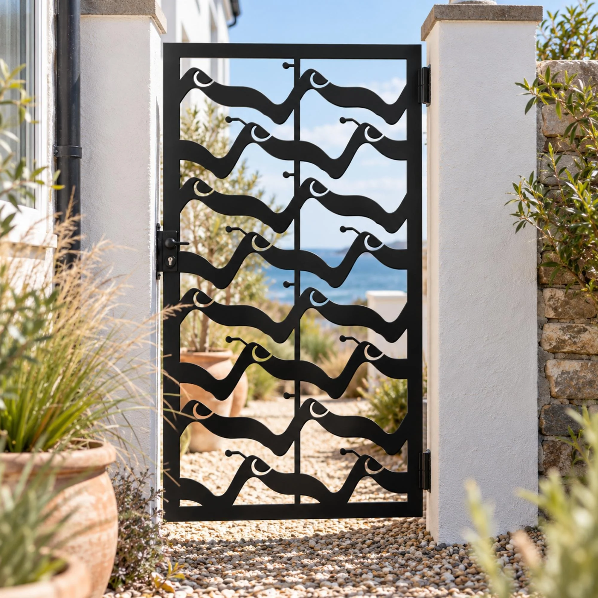 Tidewater Metal Side Gate in satin black, hung between white rendered piers at the side of a seaside cottage with a gravel path and potted grasses, bright coastal daylight