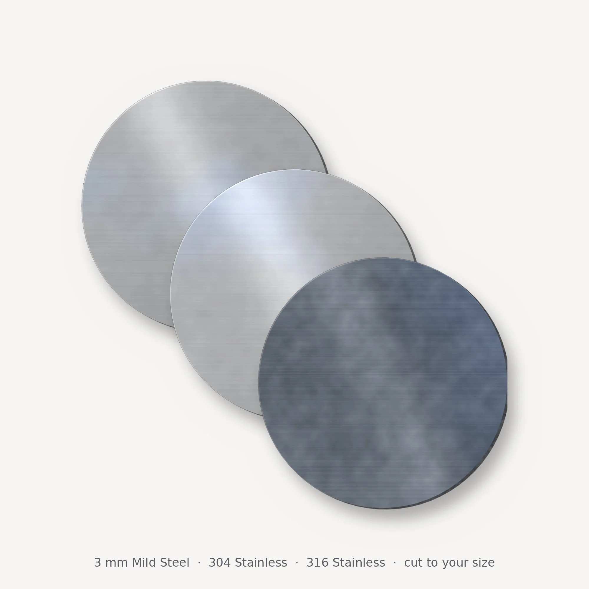 3 mm mild steel, 304 and 316 stainless steel discs cut to diameter