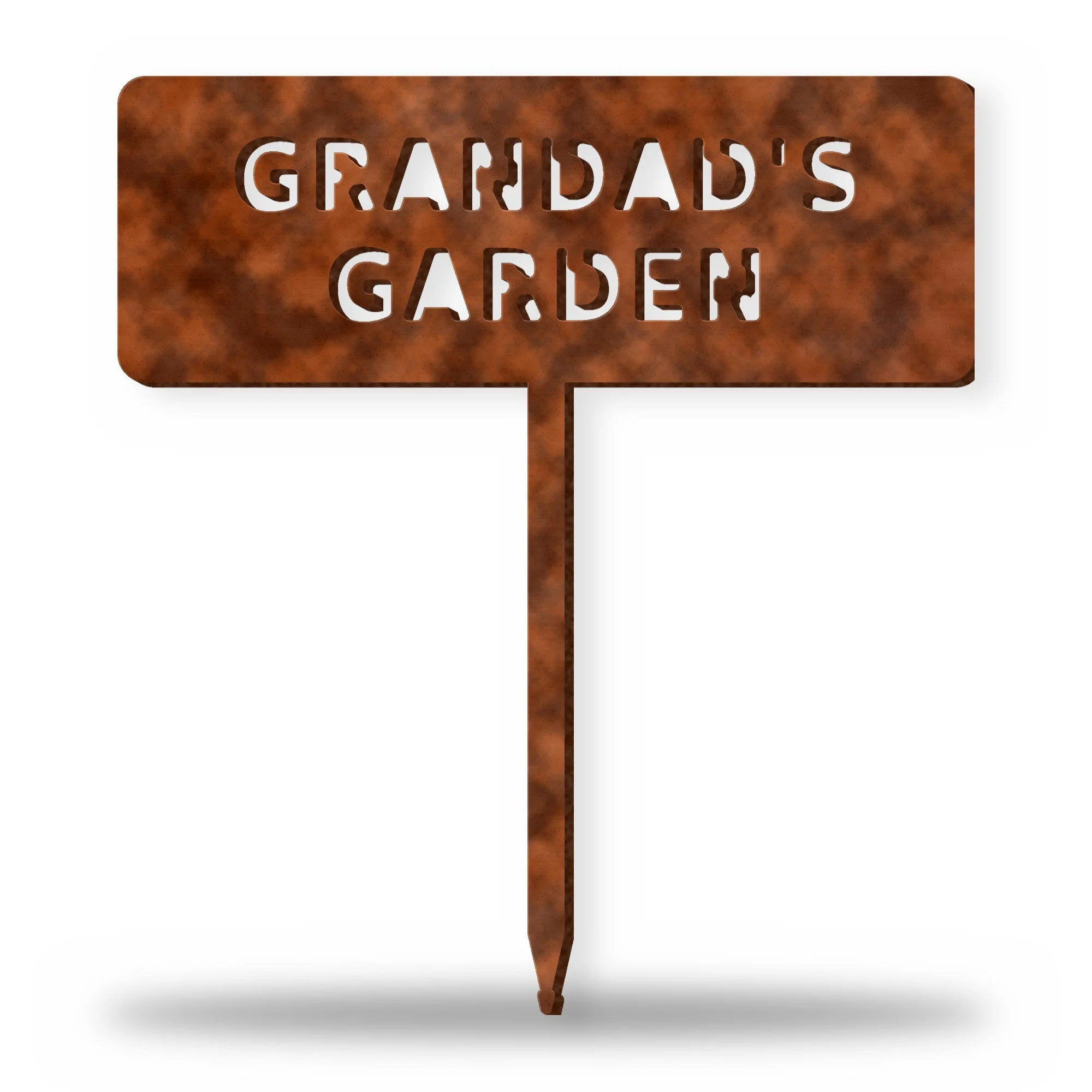 Personalised Garden Name Stake in rust patina – plasma-cut 3 mm steel, studio photo on white