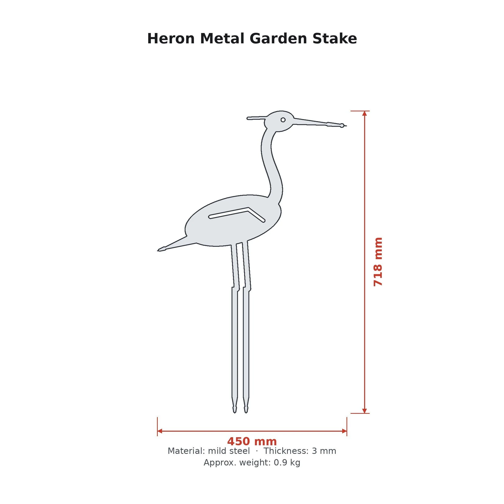 Dimension drawing of the Heron Metal Garden Stake with sizes in millimetres