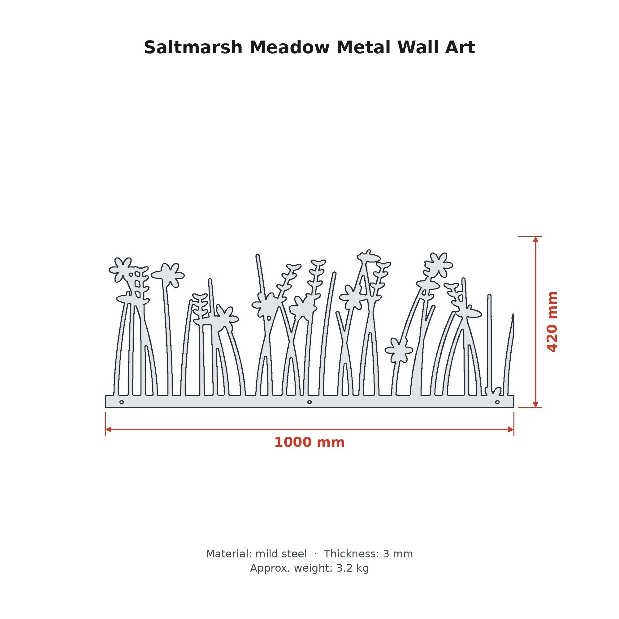 Dimension drawing of the Saltmarsh Meadow Metal Wall Art with sizes in millimetres