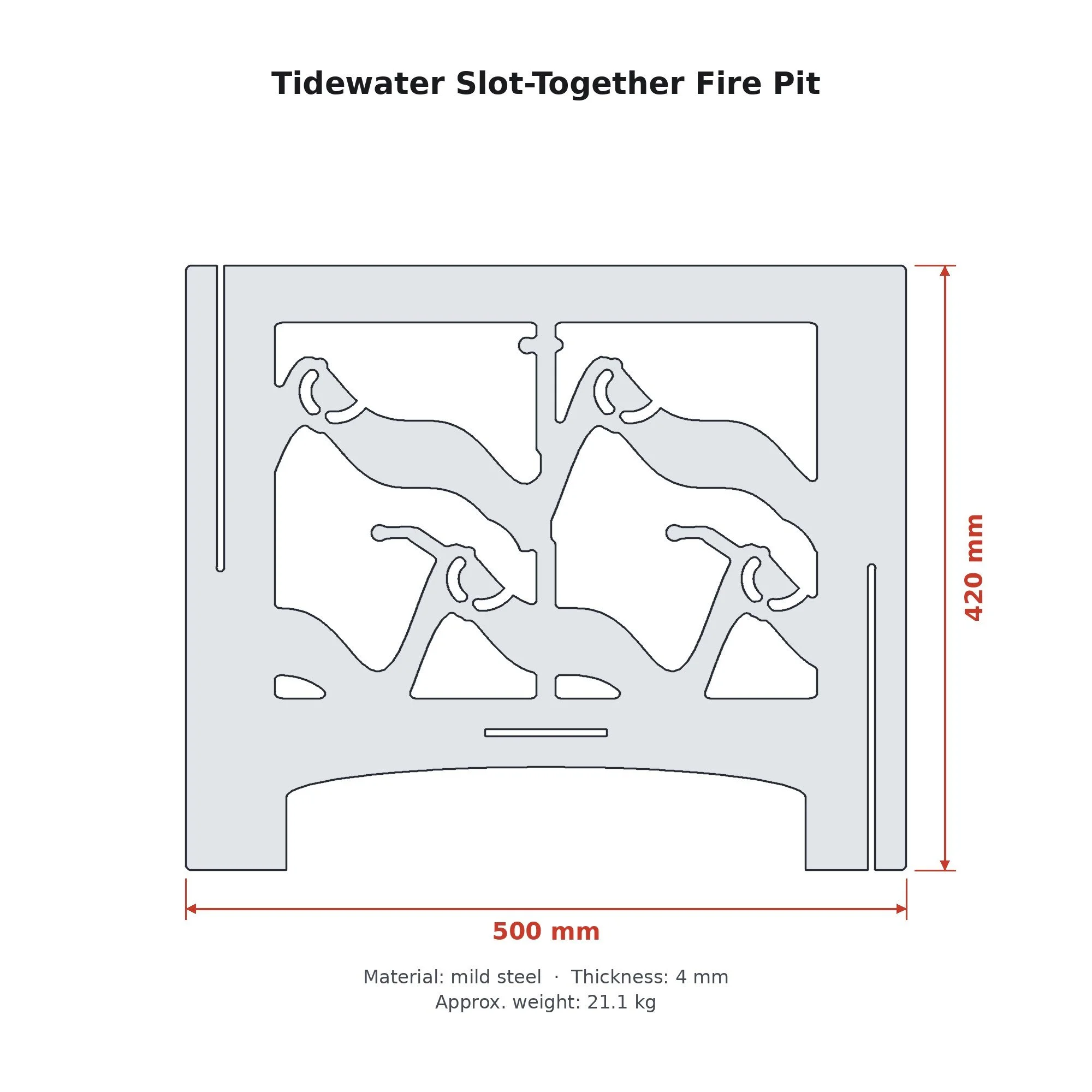 Dimension drawing of the Tidewater Slot-Together Fire Pit with sizes in millimetres