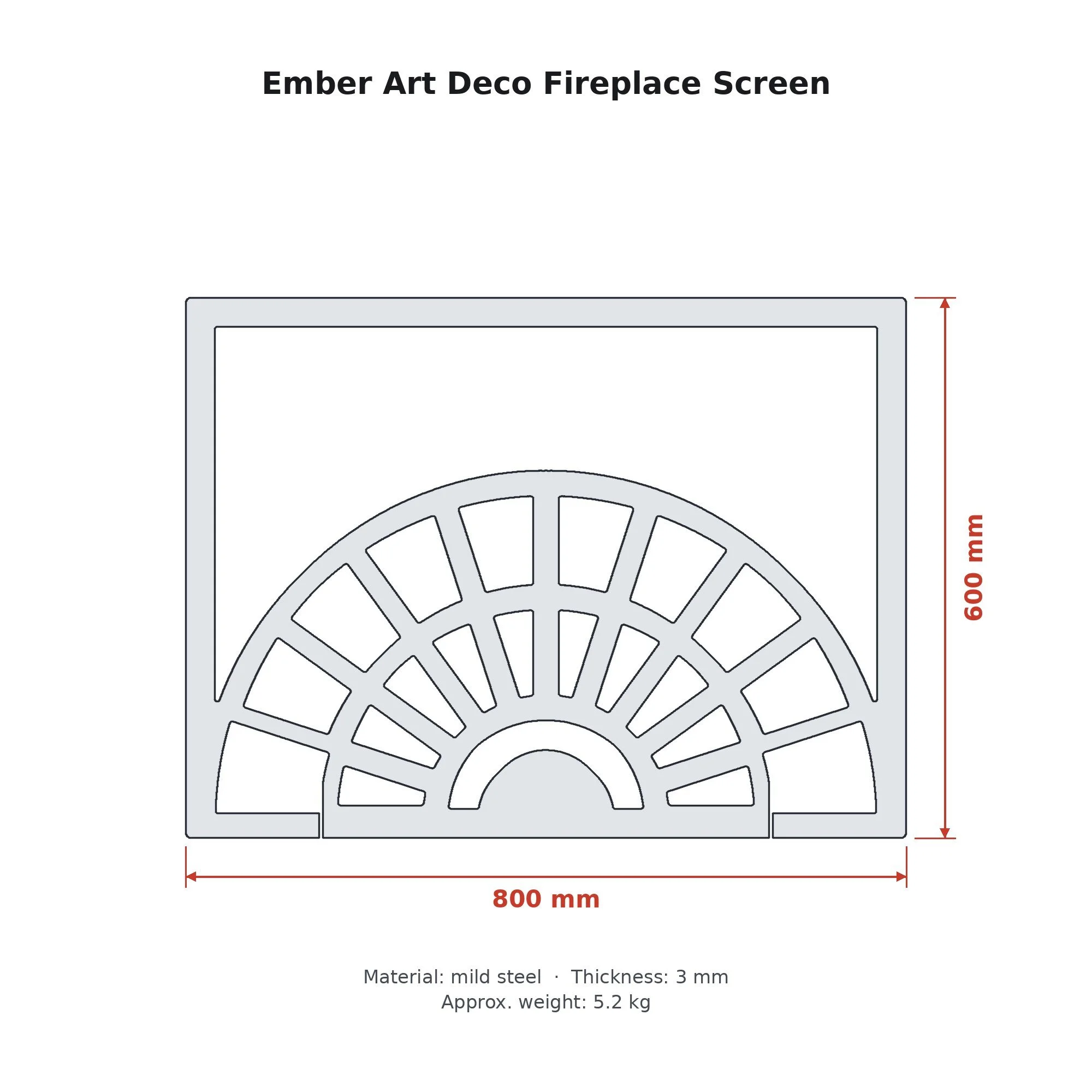 Dimension drawing of the Ember Art Deco Fireplace Screen with sizes in millimetres