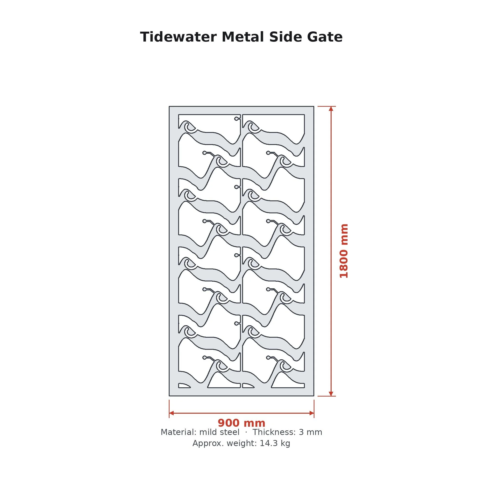 Dimension drawing of the Tidewater Metal Side Gate showing width and height in millimetres