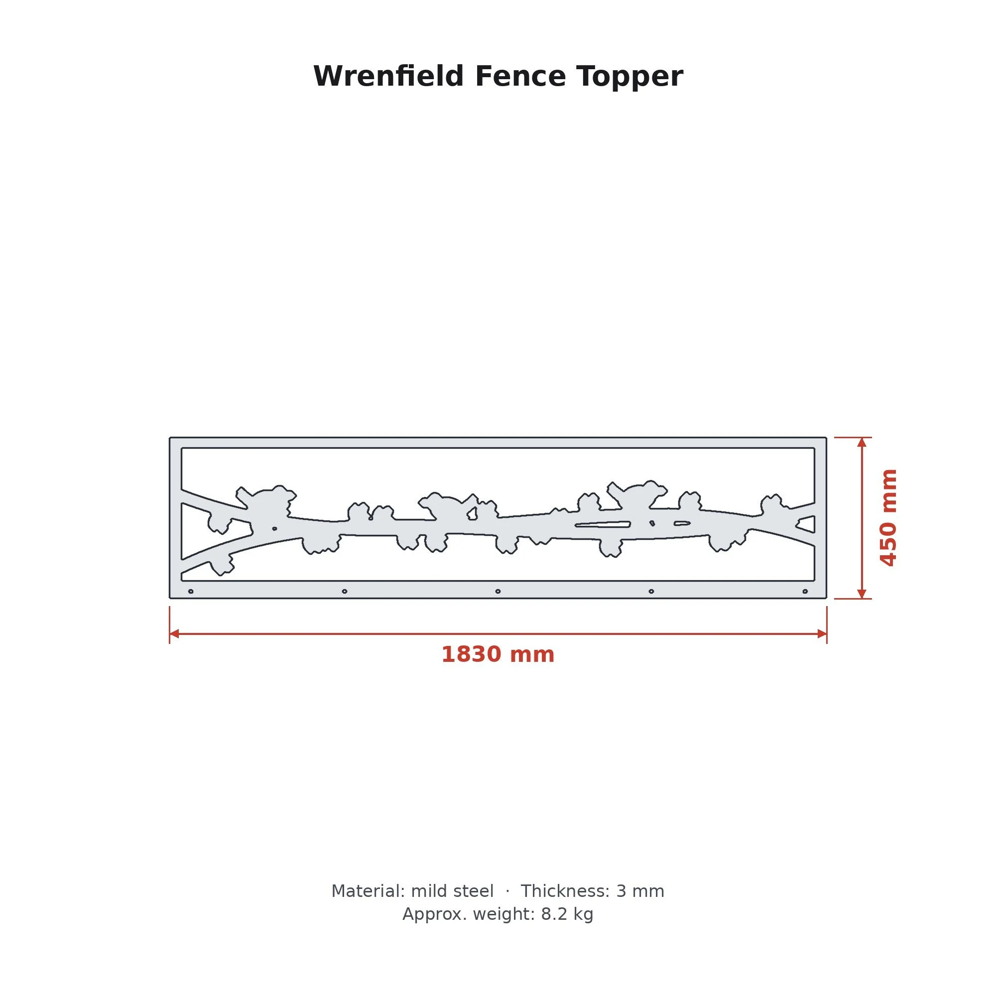 Dimension drawing of the Wrenfield Fence Topper with sizes in millimetres