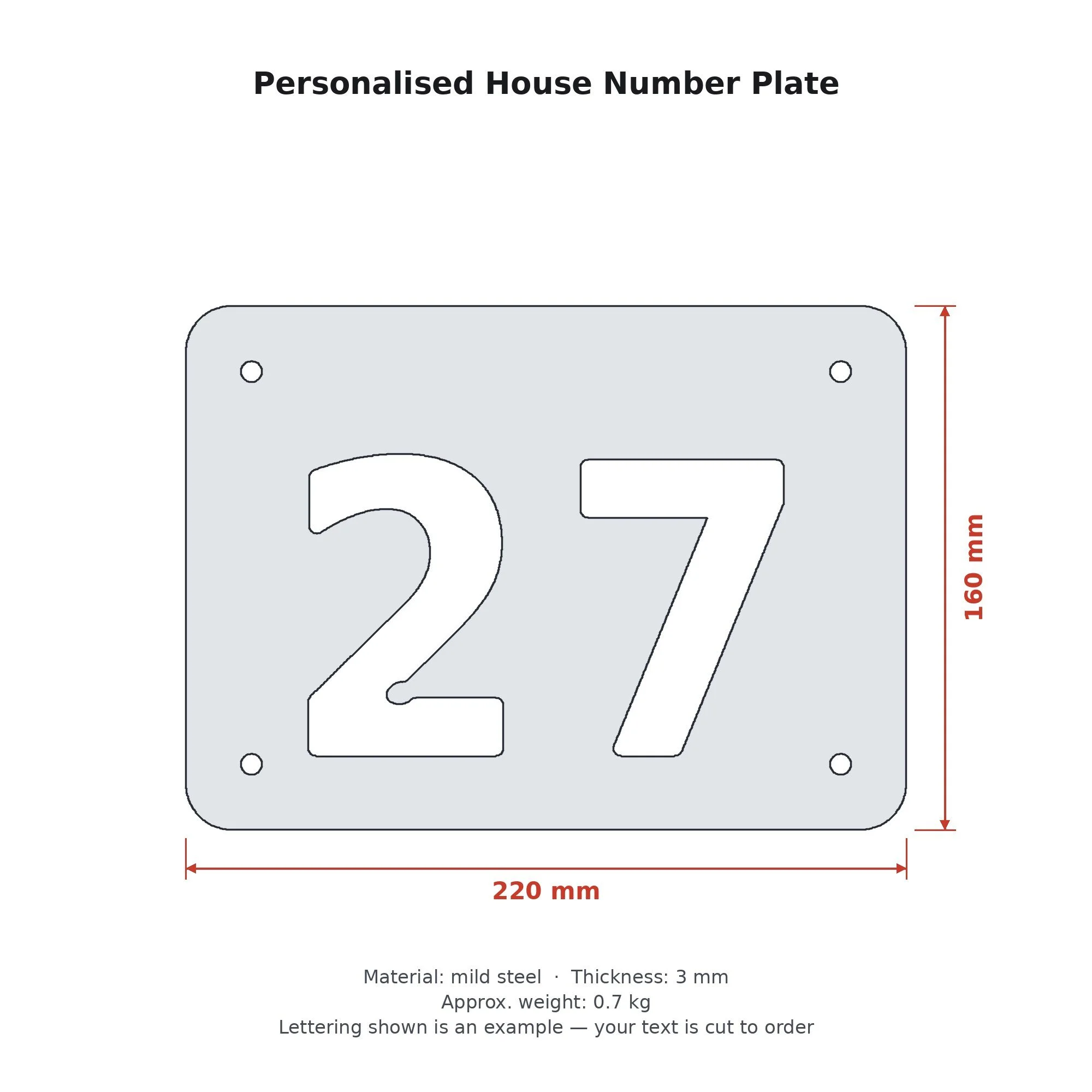 Dimension drawing of the Personalised House Number Plate with sizes in millimetres