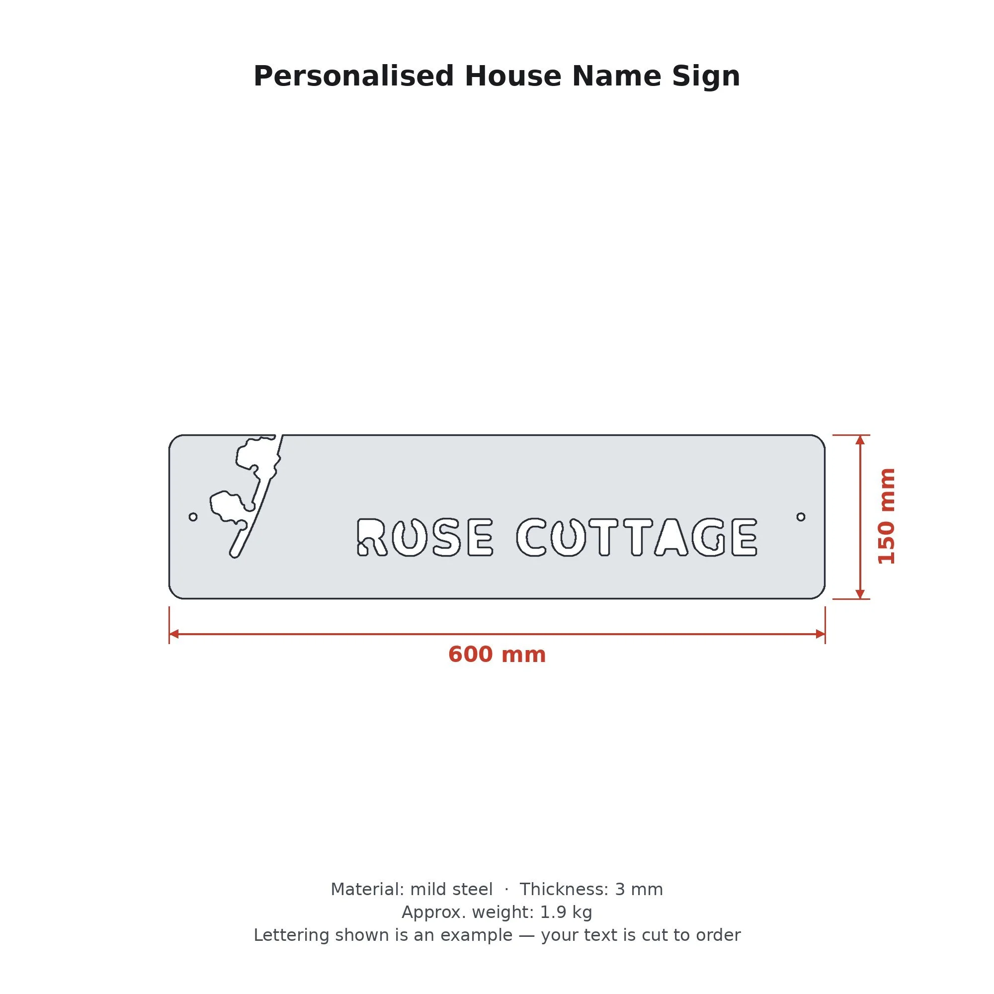 Dimension drawing of the Personalised House Name Sign with sizes in millimetres