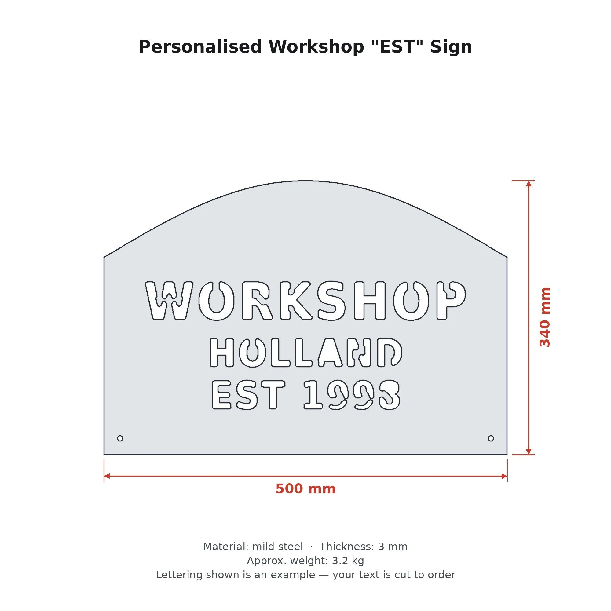 Dimension drawing of the Personalised Workshop "EST" Sign with sizes in millimetres
