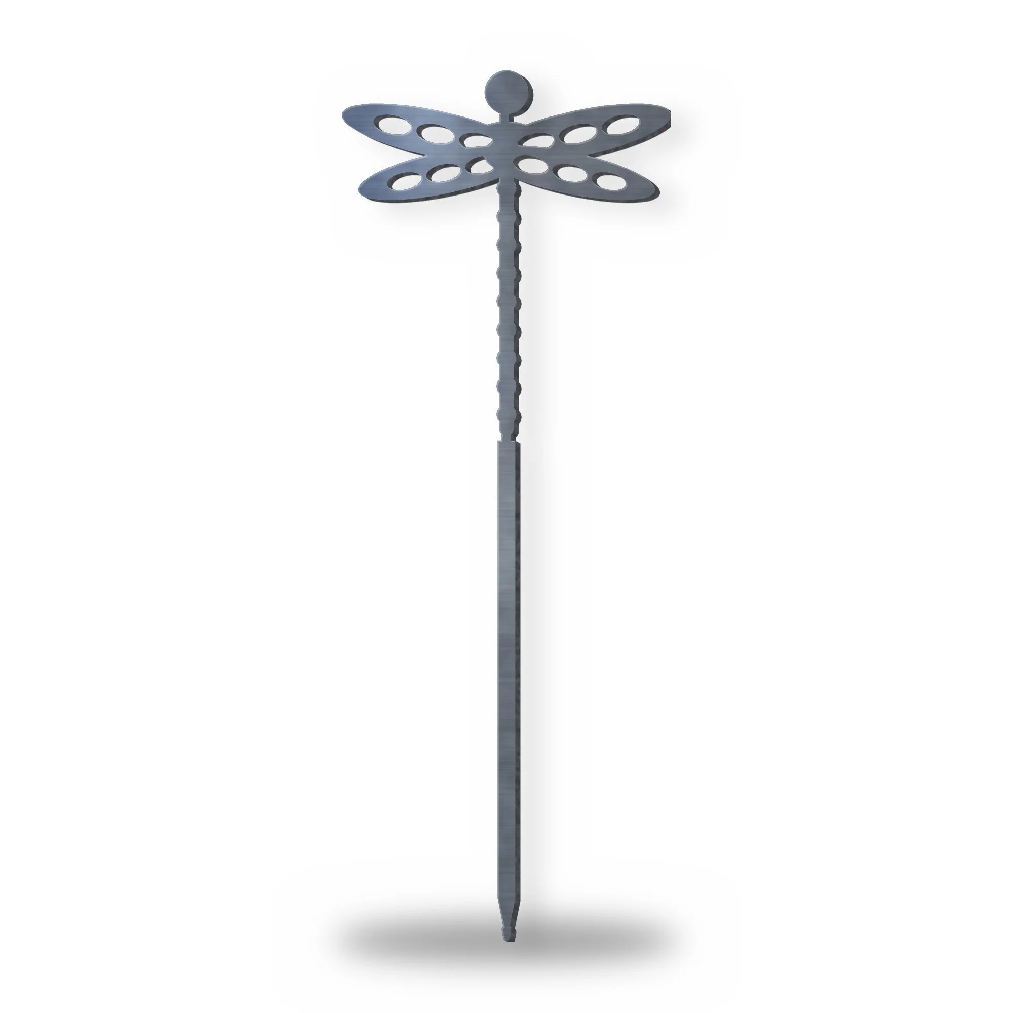 Dragonfly Metal Garden Stake in raw mild steel – plasma-cut 3 mm steel, studio photo on white