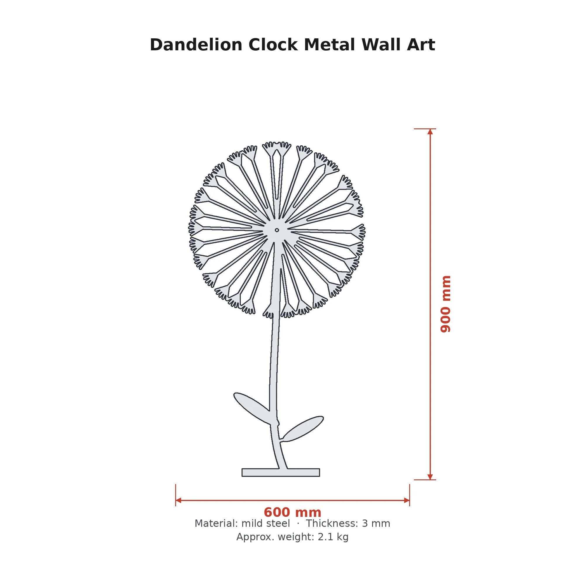 Dimension drawing of the Dandelion Clock Metal Wall Art with sizes in millimetres