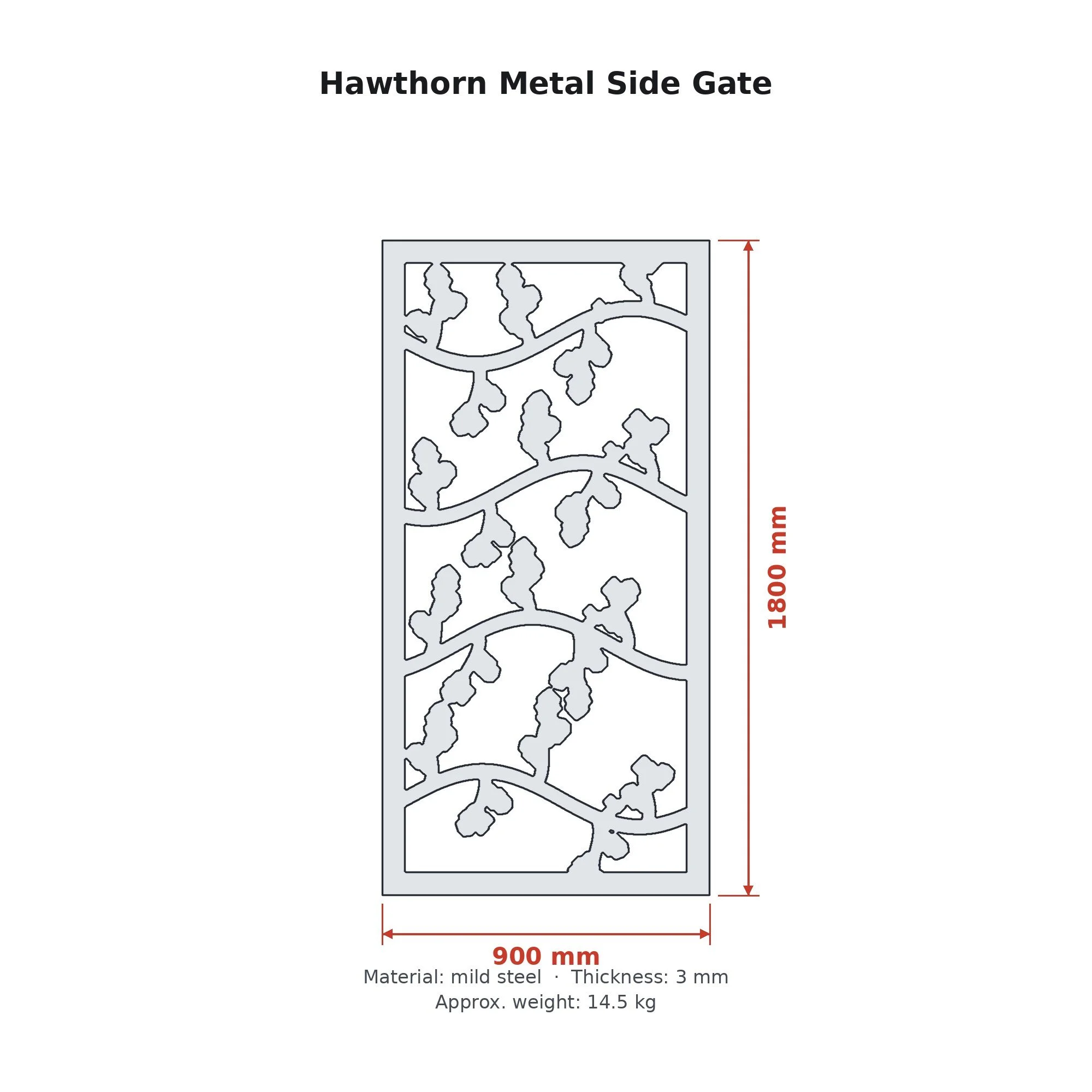 Dimension drawing of the Hawthorn Metal Side Gate with sizes in millimetres