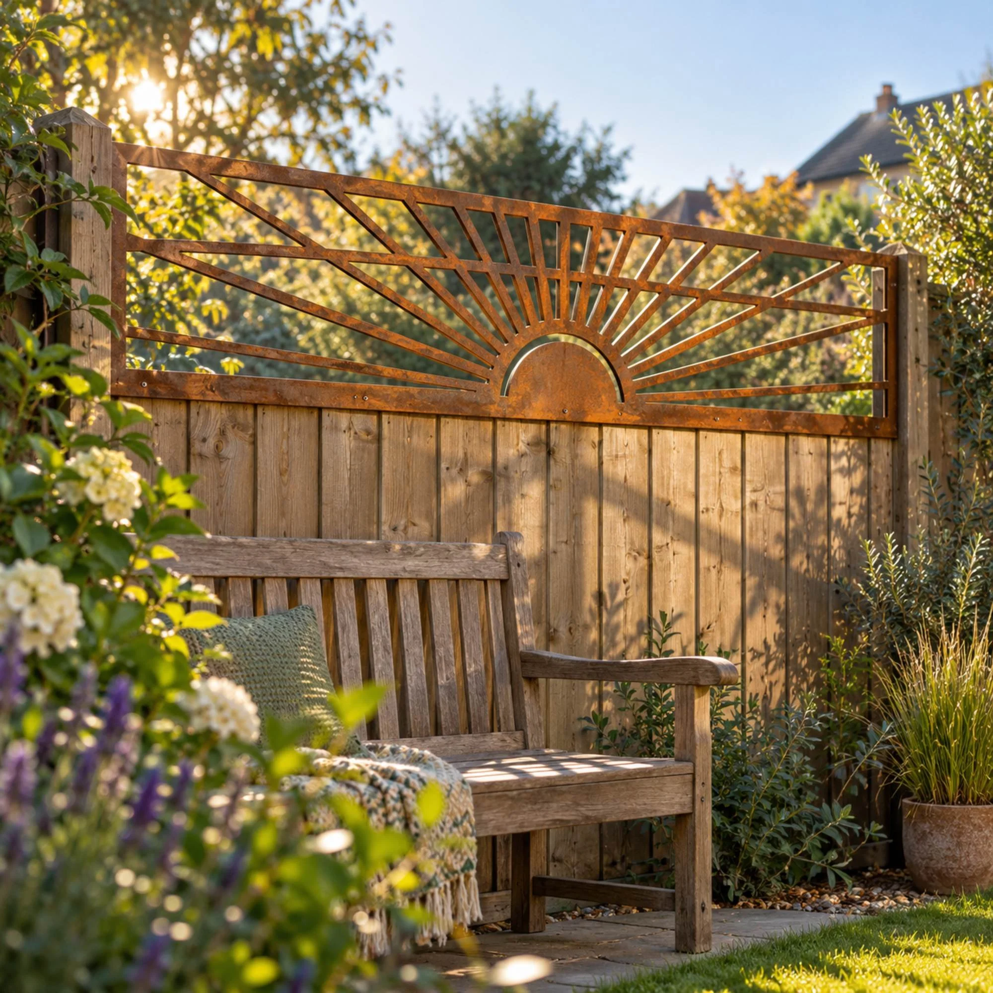 Daybreak Fence Topper in weathered raw steel, fixed along a 1.8 m timber fence above a wooden garden bench in a family back garden with a lawn, early morning sun