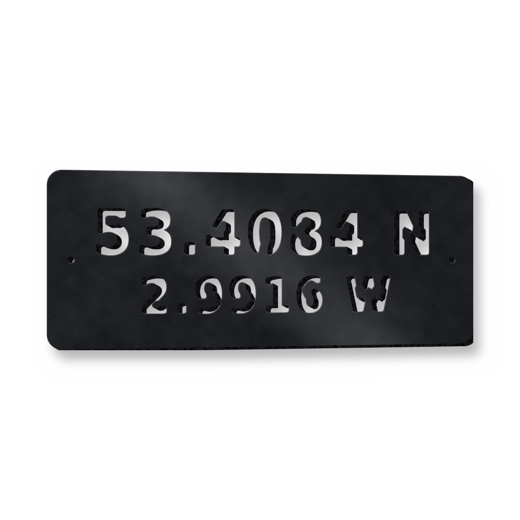 Personalised Coordinates Plaque in satin black – plasma-cut 3 mm steel, studio photo on white