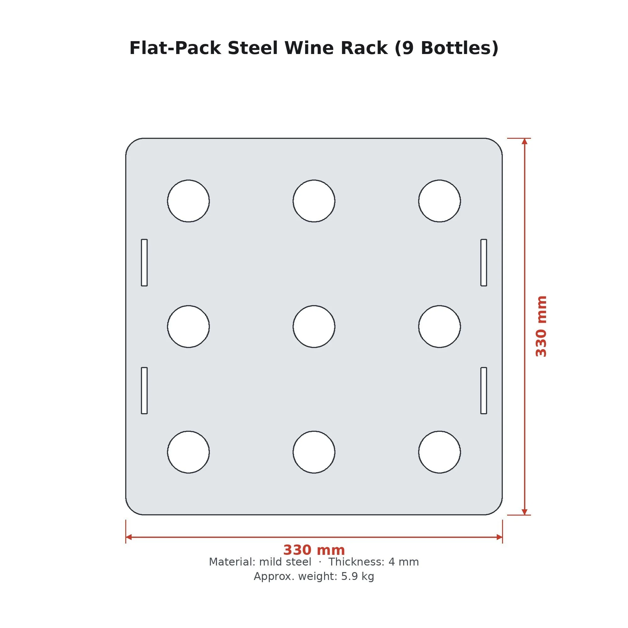 Dimension drawing of the Flat-Pack Steel Wine Rack (9 Bottles) with sizes in millimetres