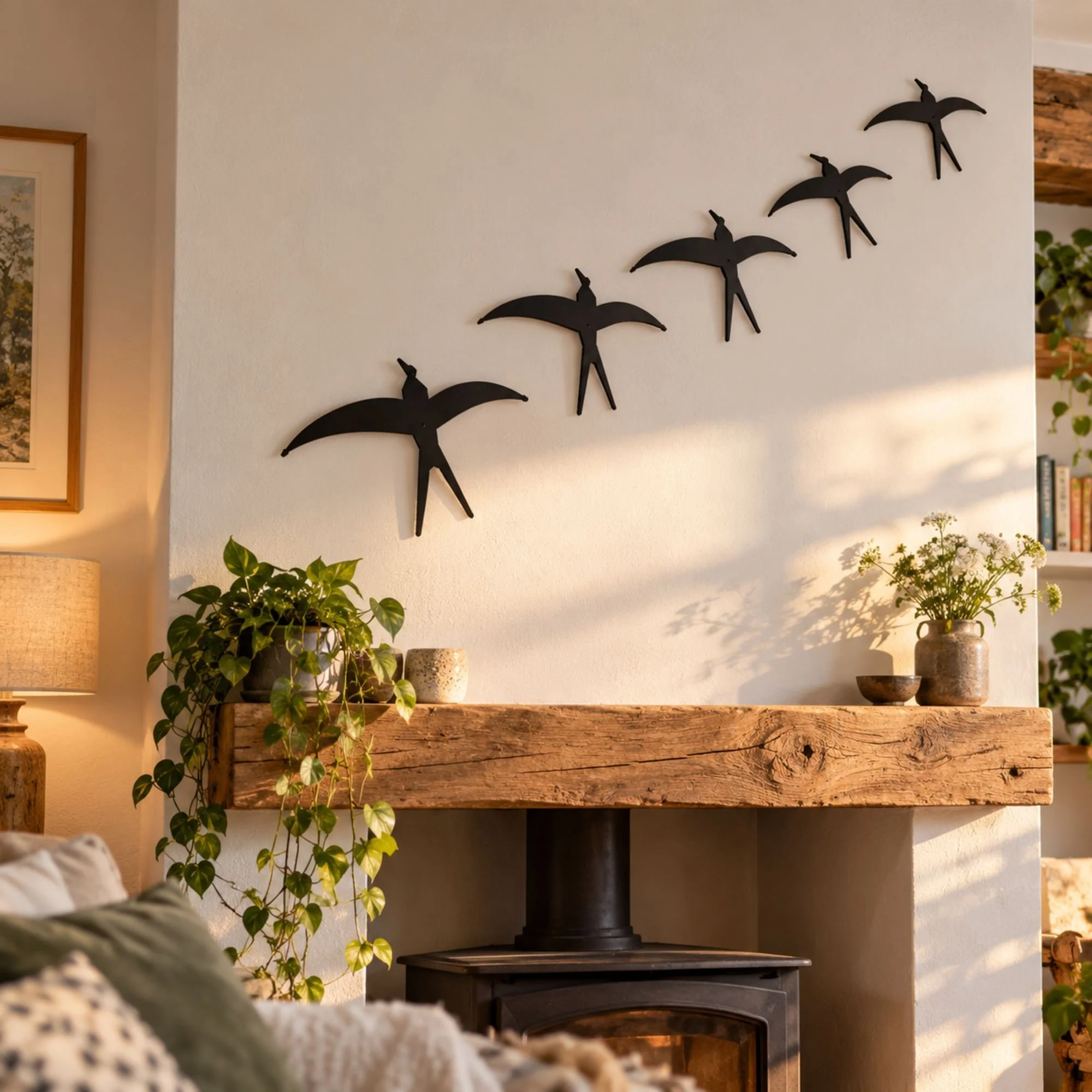 Swallows Metal Wall Art (Set of 5) in satin black, five swallows fixed in a rising arc across a white-painted chimney breast in a UK cottage living room