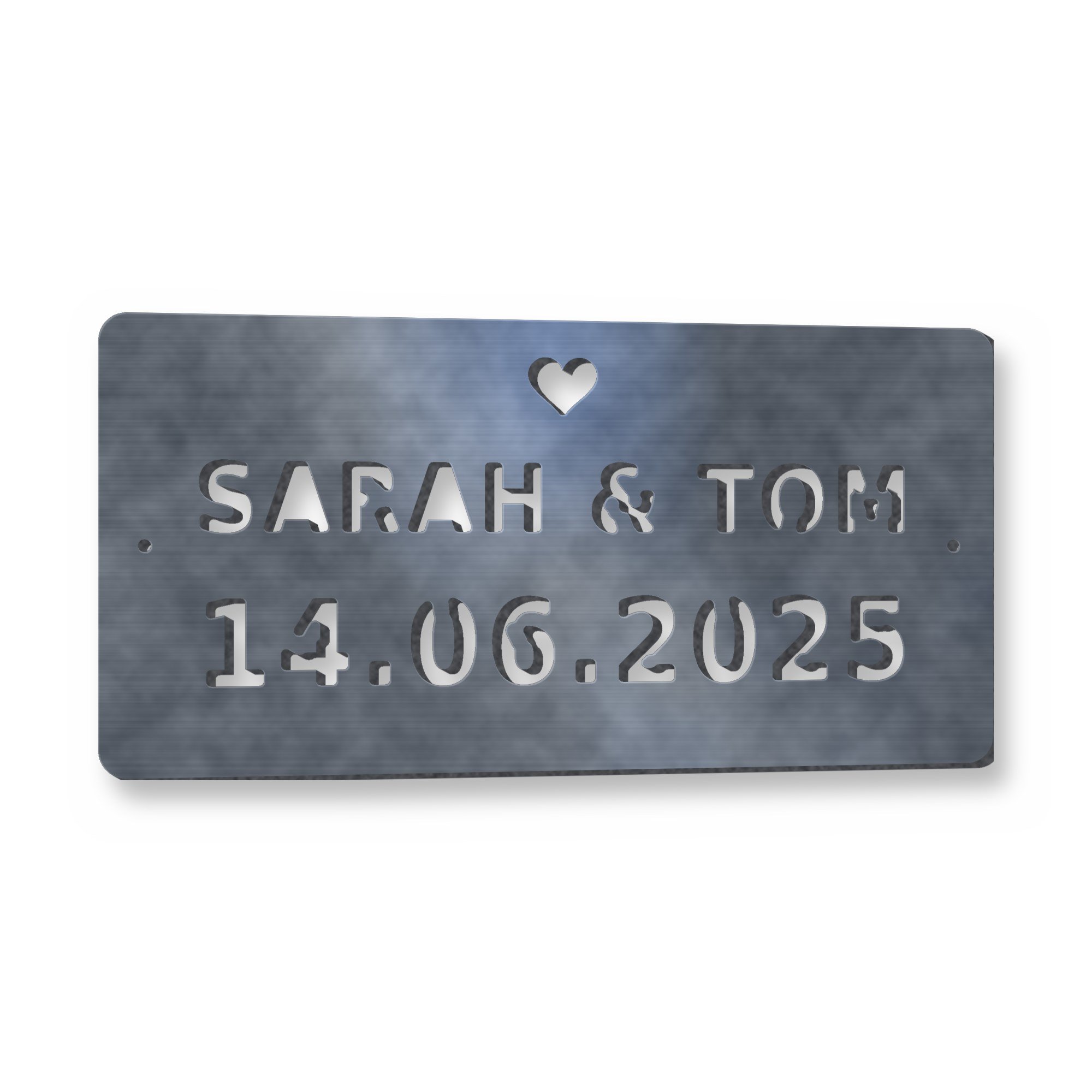 Personalised Wedding Date Plaque in raw mild steel – plasma-cut 3 mm steel, studio photo on white