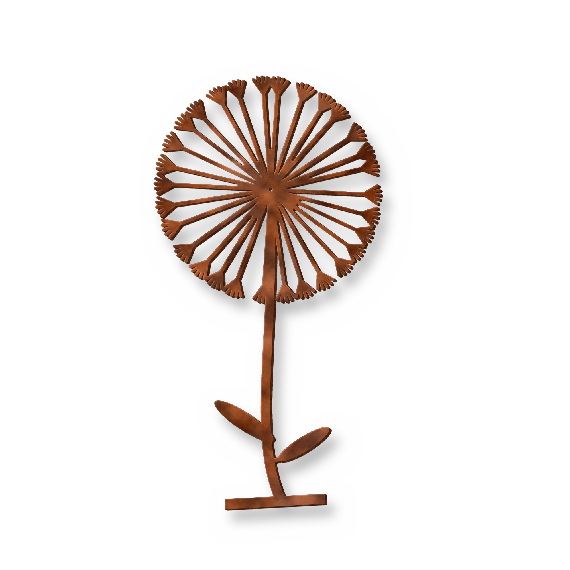 Dandelion Clock Metal Wall Art in rust patina – plasma-cut 3 mm steel, studio photo on white