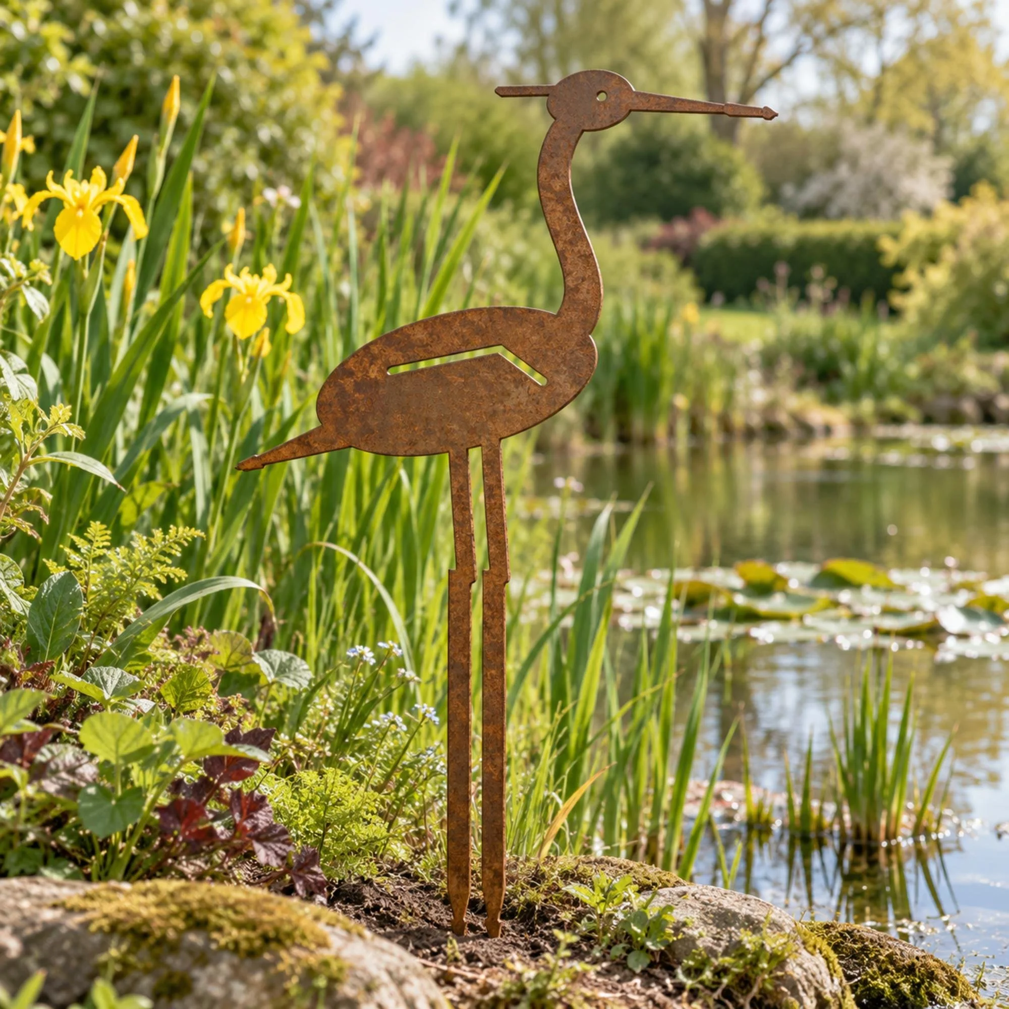 Heron Metal Garden Stake in weathered raw steel, a 720 mm tall steel heron stake at the edge of a small wildlife pond fringed with yellow flag irises and reeds