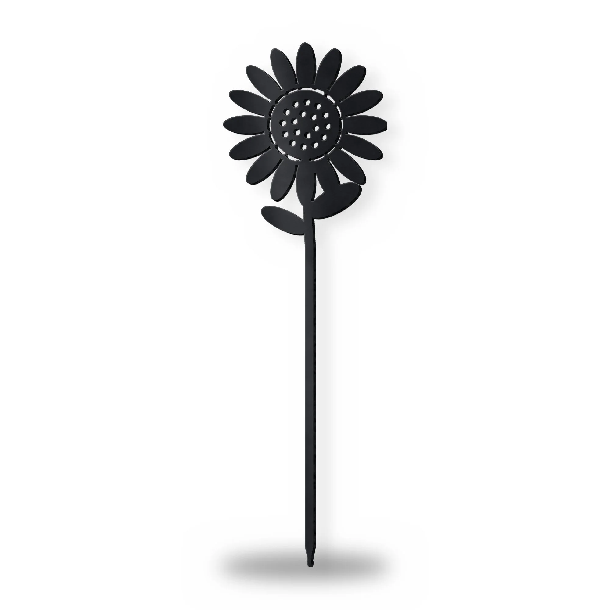 Sunflower Metal Garden Stake in satin black – plasma-cut 3 mm steel, studio photo on white