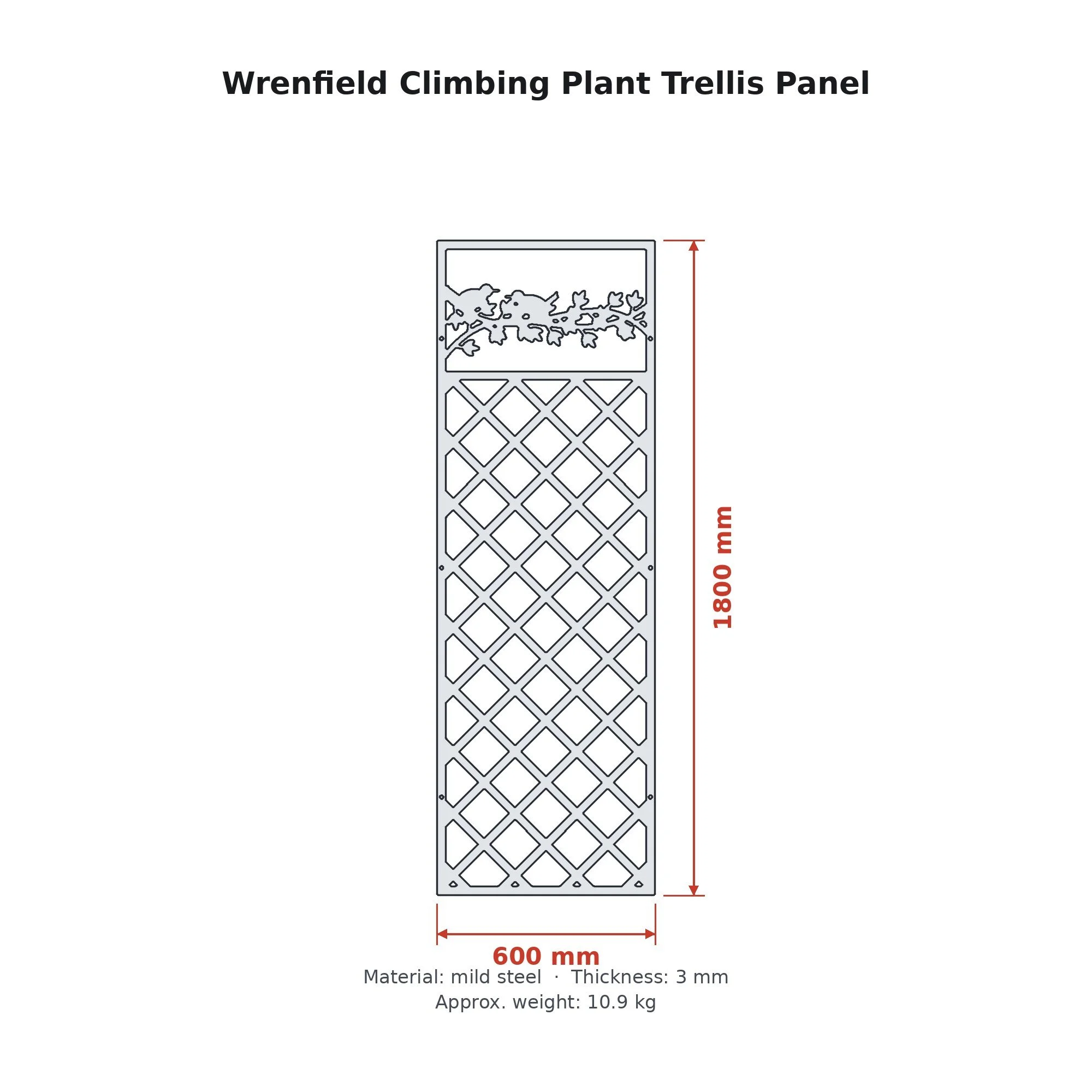 Dimension drawing of the Wrenfield Climbing Plant Trellis Panel with sizes in millimetres