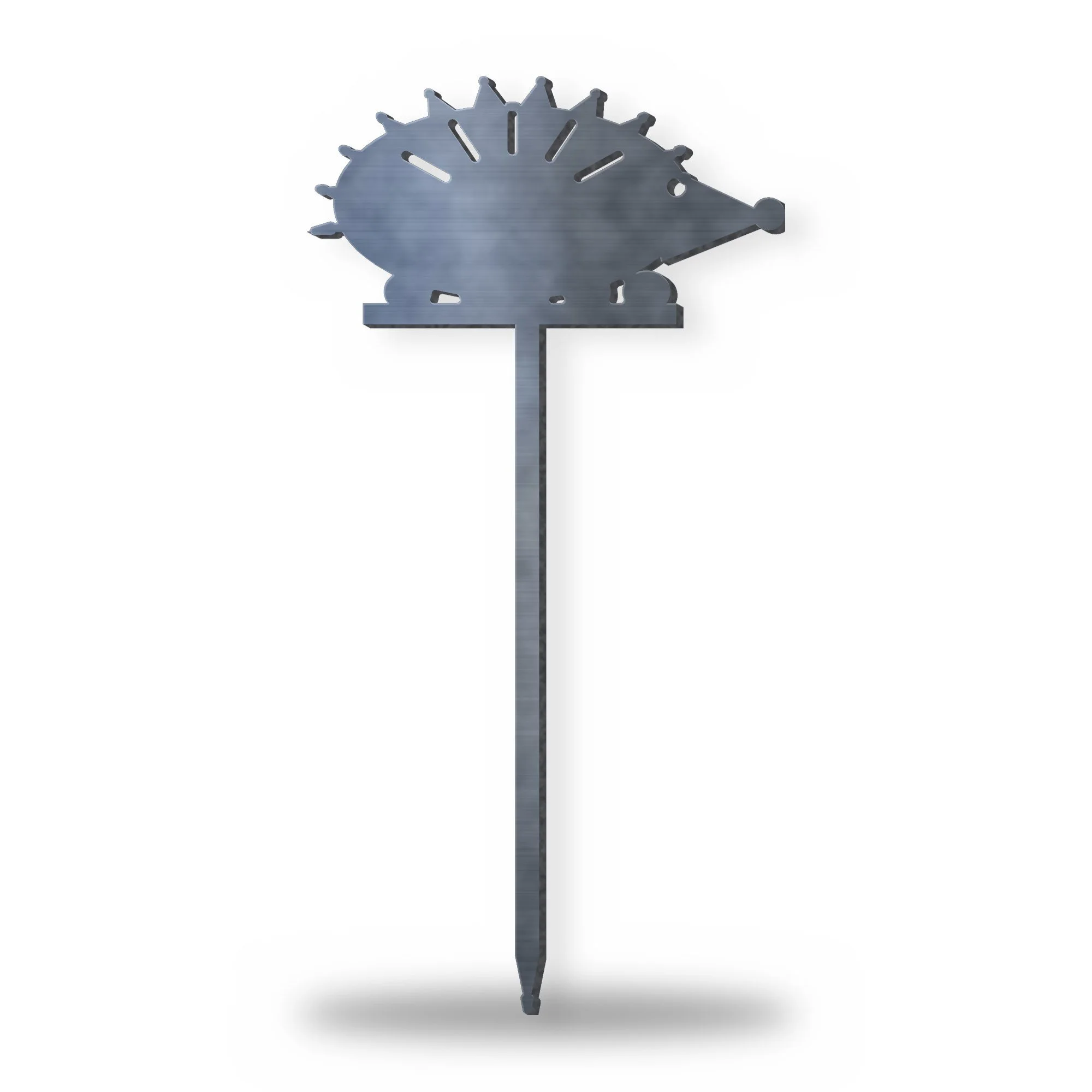 Hedgehog Metal Garden Stake in raw mild steel – plasma-cut 3 mm steel, studio photo on white