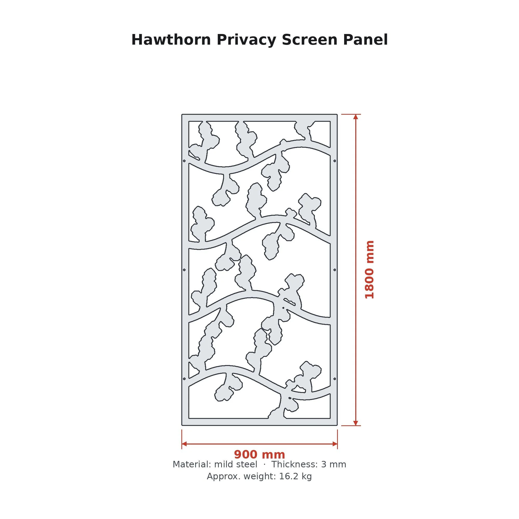 Dimension drawing of the Hawthorn Privacy Screen Panel with sizes in millimetres