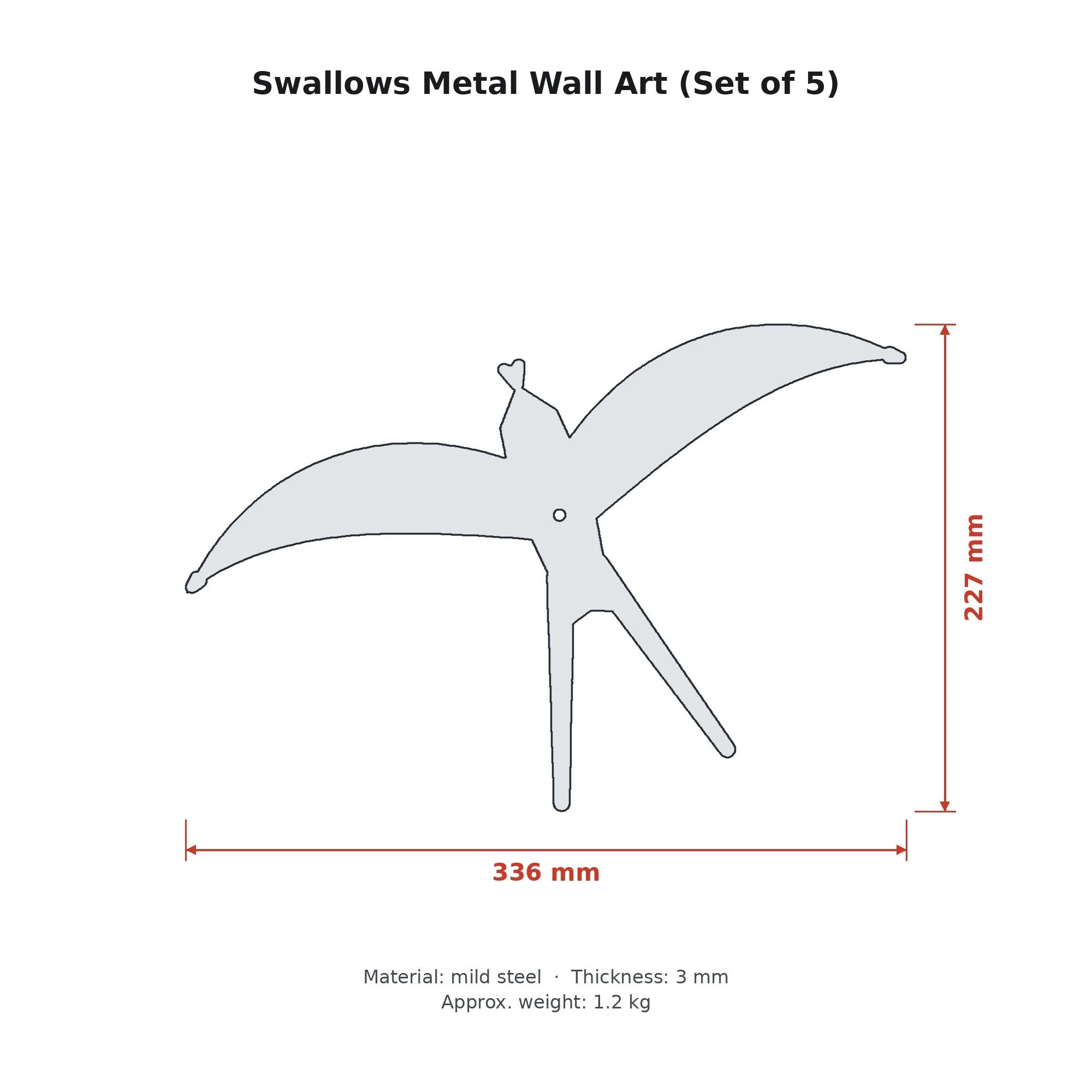 Dimension drawing of the Swallows Metal Wall Art (Set of 5) with sizes in millimetres