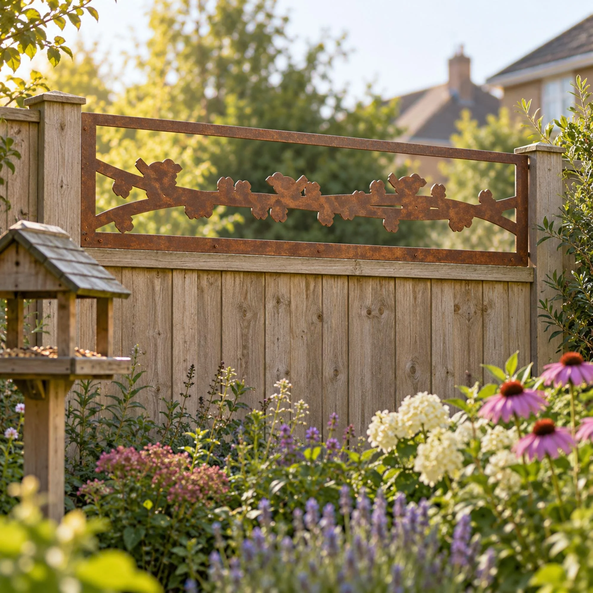 Wrenfield Fence Topper in weathered raw steel, fixed along a 1.8 m timber panel fence behind a wooden bird table and mixed flower border in a suburban back garden, morning light